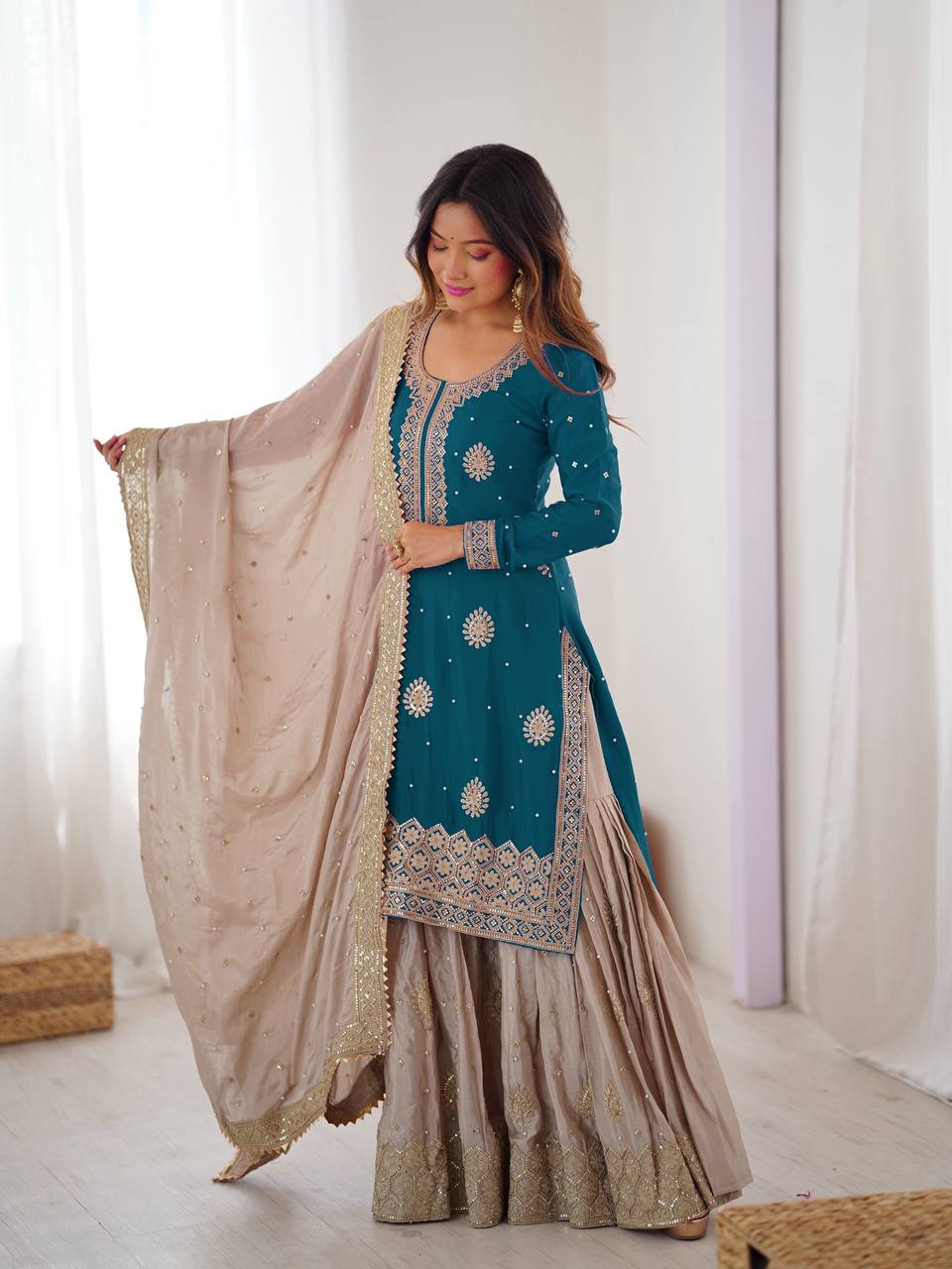 Designer Chinon Silk Sharara Suit Set