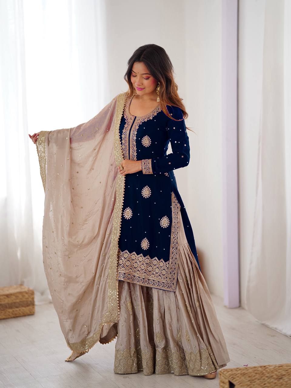Designer Chinon Silk Sharara Suit Set