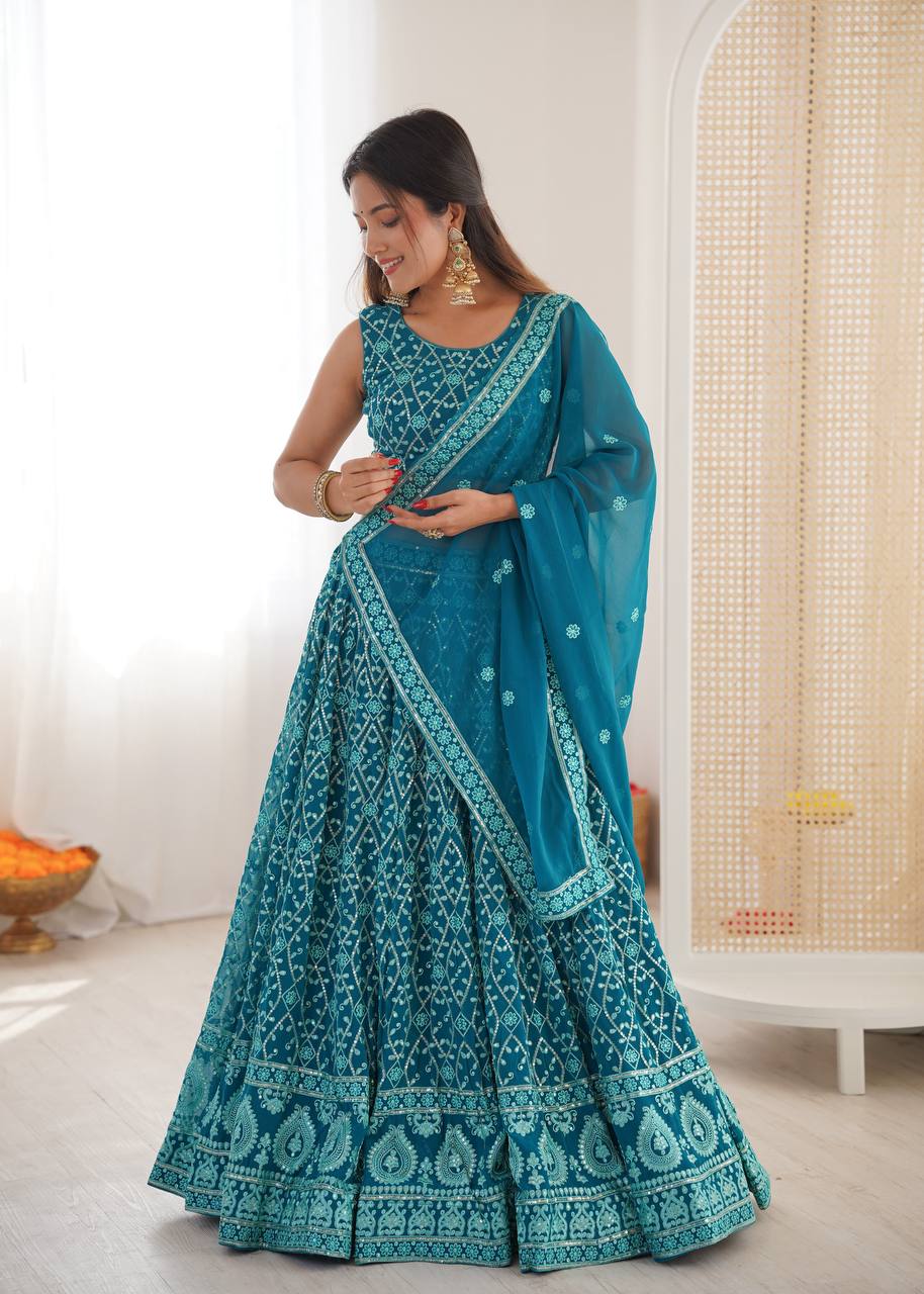 Designer Faux Georgette Embroidered Lehenga Choli With Dupatta