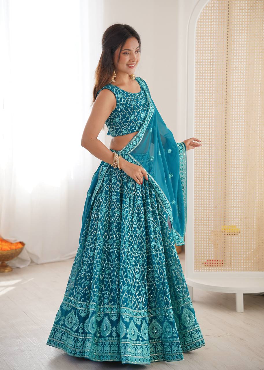 Designer Faux Georgette Embroidered Lehenga Choli With Dupatta