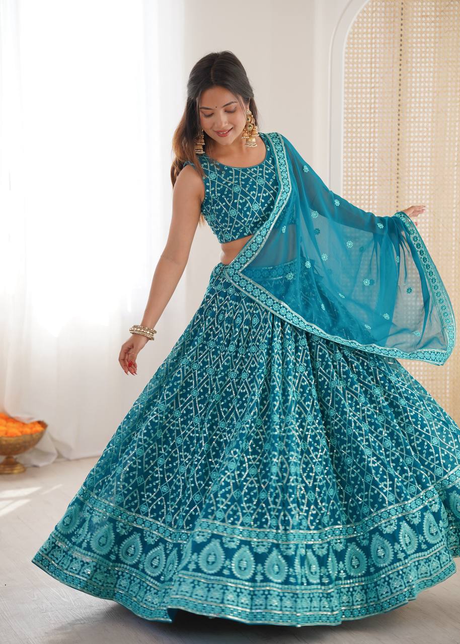 Designer Faux Georgette Embroidered Lehenga Choli With Dupatta