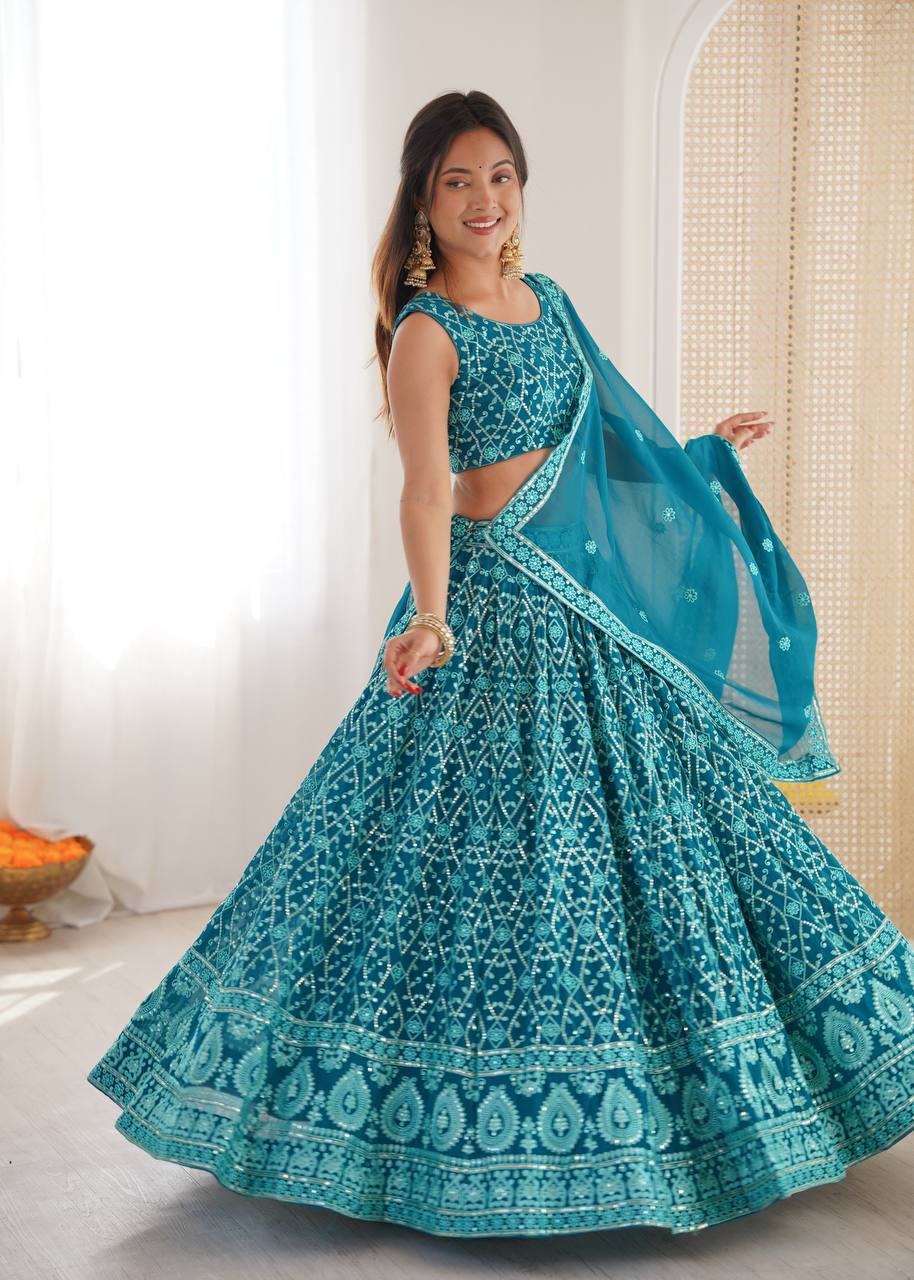 Designer Faux Georgette Embroidered Lehenga Choli With Dupatta