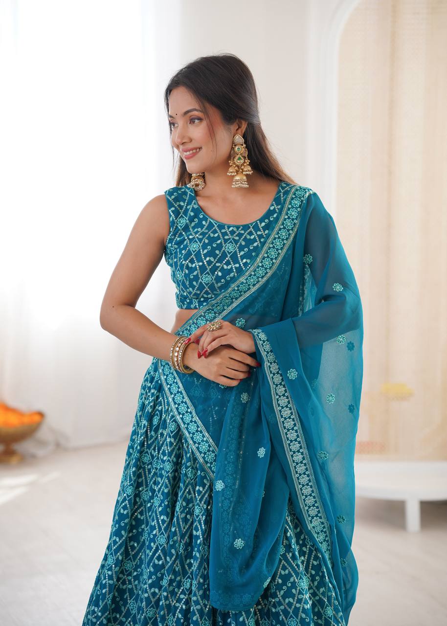 Designer Faux Georgette Embroidered Lehenga Choli With Dupatta
