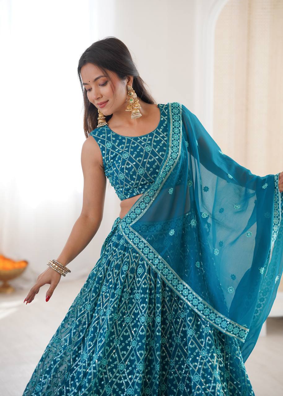 Designer Faux Georgette Embroidered Lehenga Choli With Dupatta