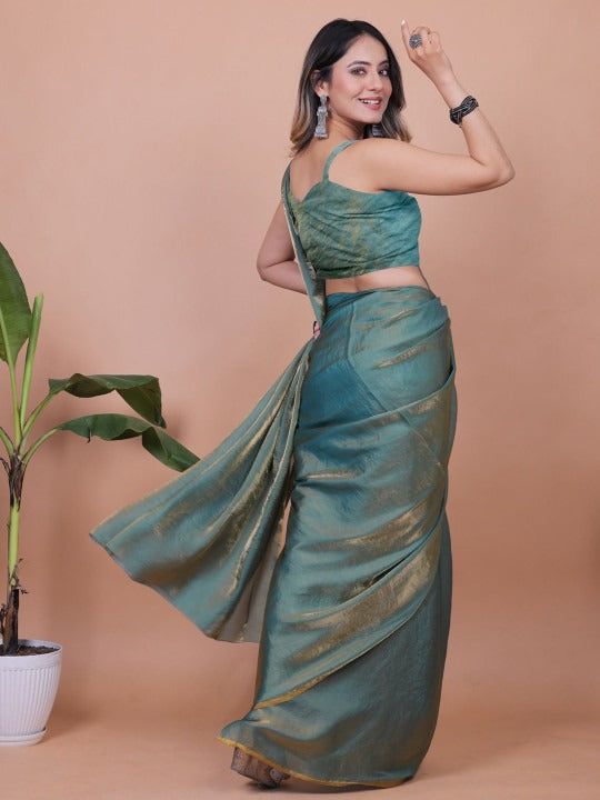 Sea Green Linen Cotton Saree with Unstitched Blouse