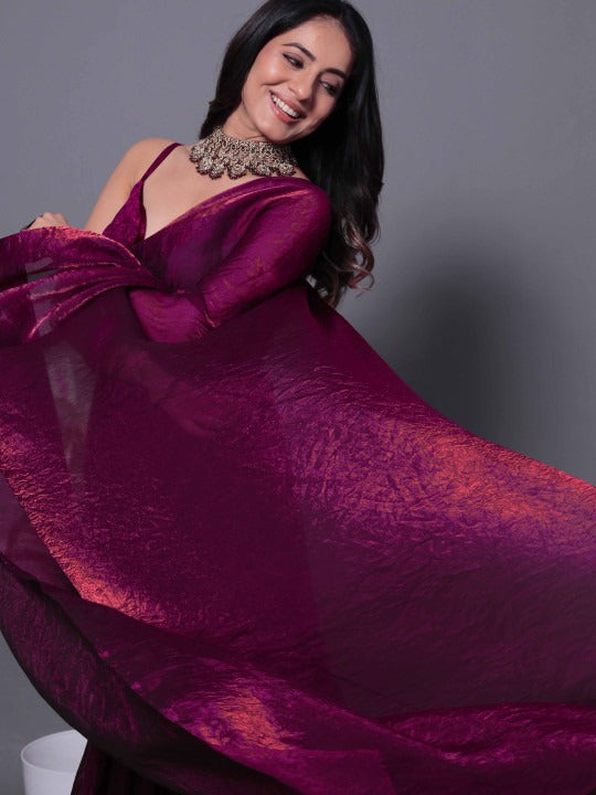 Magenta Linen Cotton Saree with Unstitched Blouse