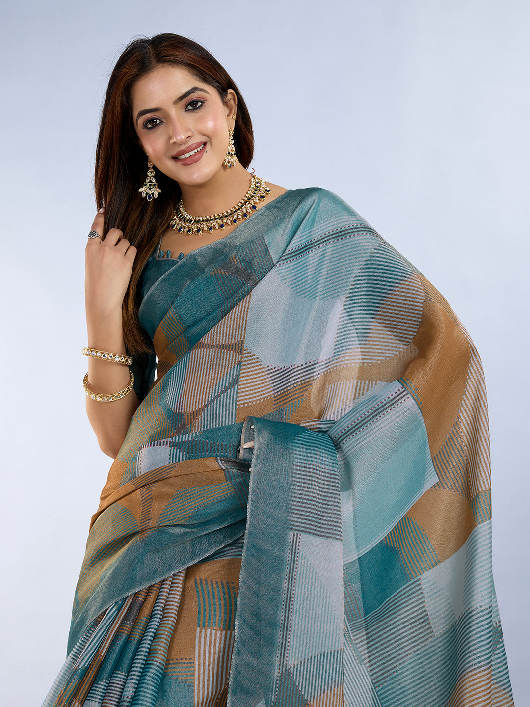 Teal Blue Linen Cotton Saree with Unstitched Blouse