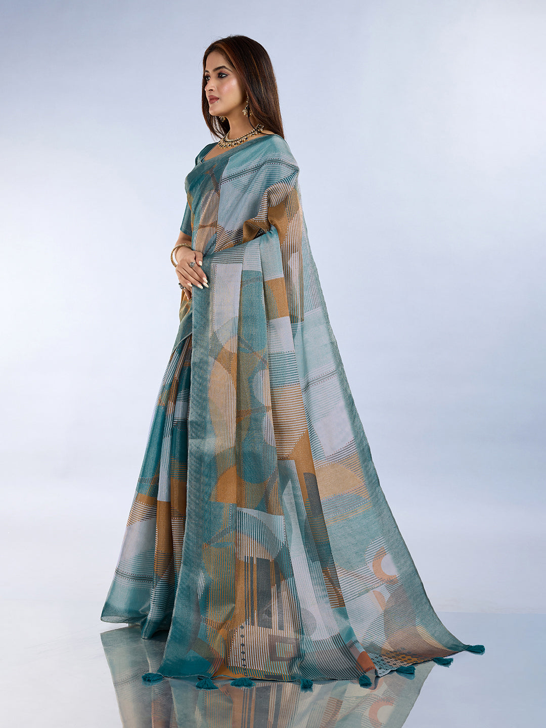 Teal Blue Linen Cotton Saree with Unstitched Blouse