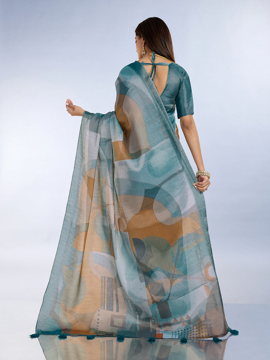Teal Blue Linen Cotton Saree with Unstitched Blouse