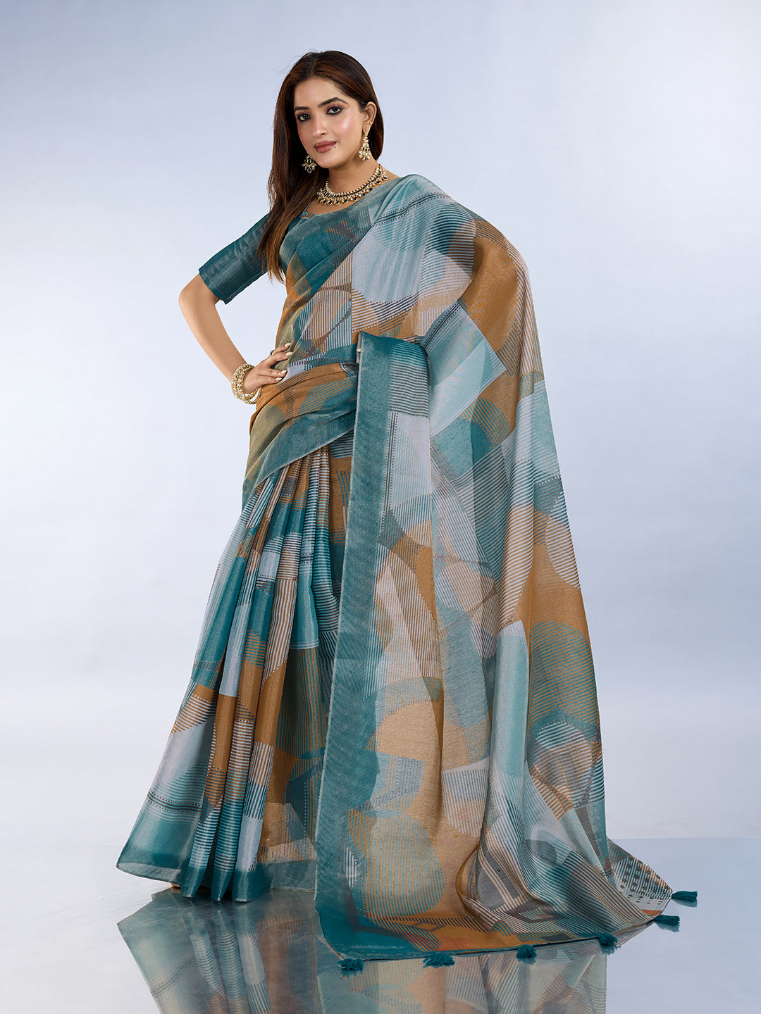 Teal Blue Linen Cotton Saree with Unstitched Blouse