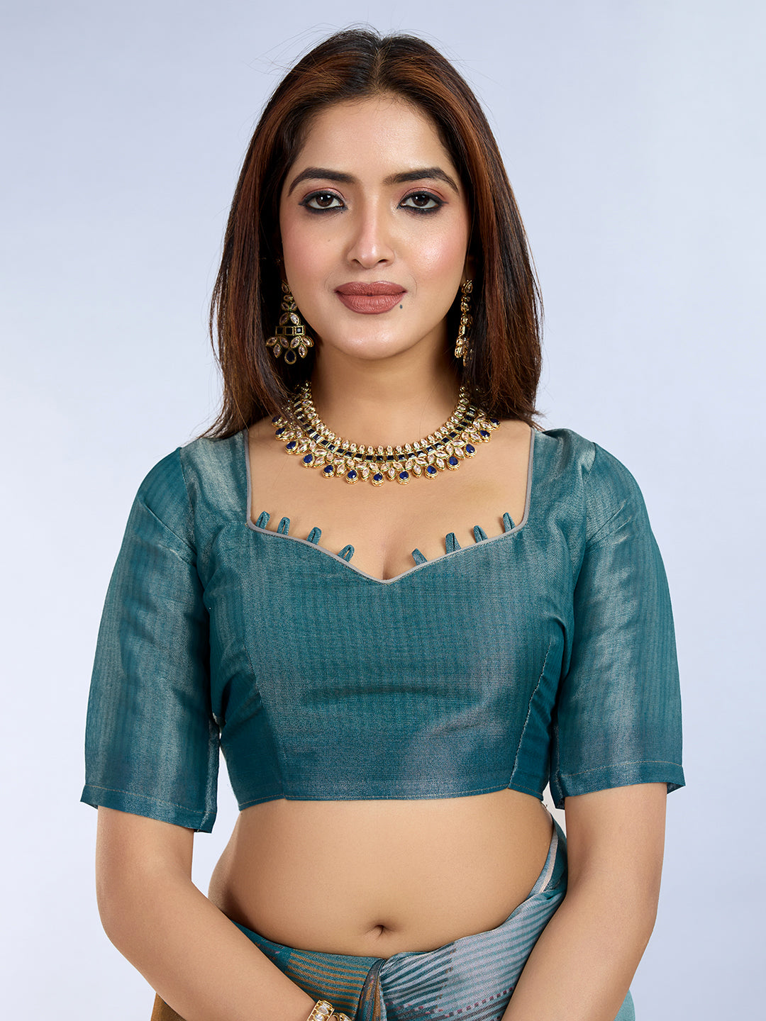 Teal Blue Linen Cotton Saree with Unstitched Blouse