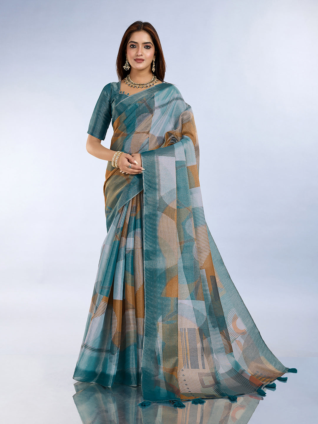 Teal Blue Linen Cotton Saree with Unstitched Blouse