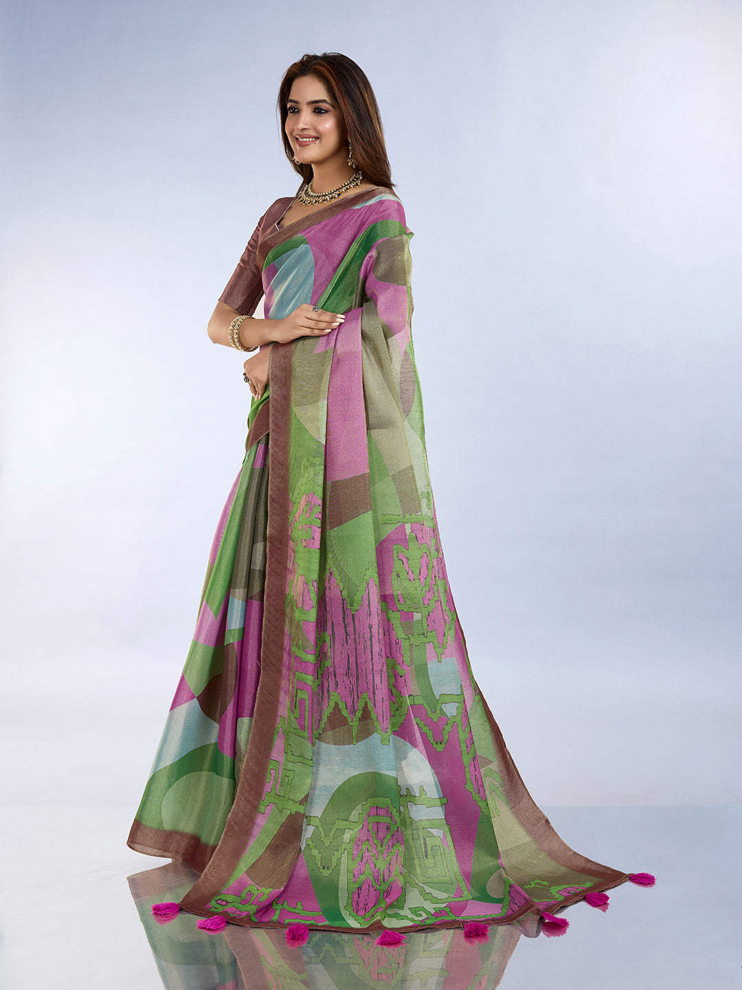 Multicolor Linen Cotton Saree with Tassel Pallu