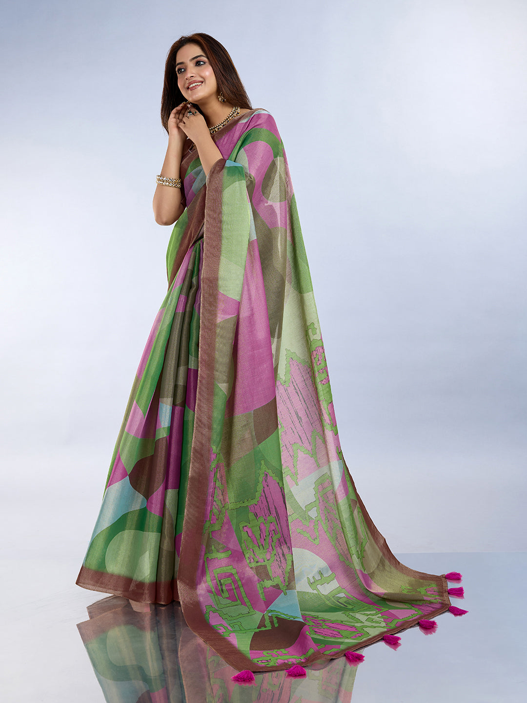Multicolor Linen Cotton Saree with Tassel Pallu