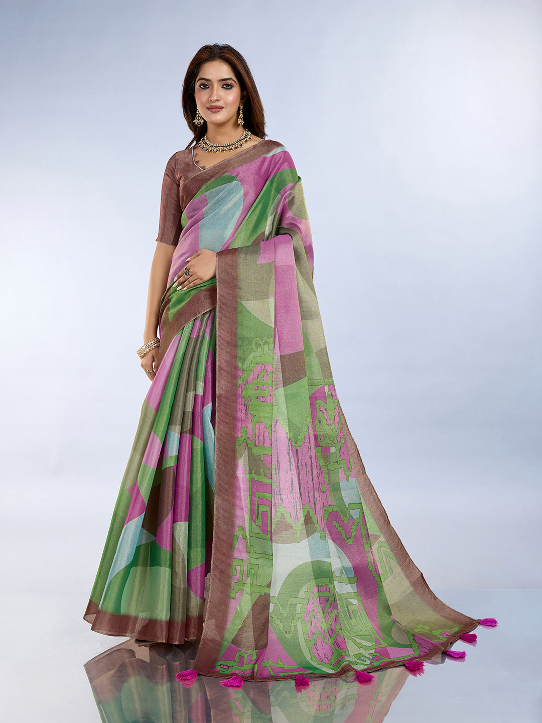 Multicolor Linen Cotton Saree with Tassel Pallu