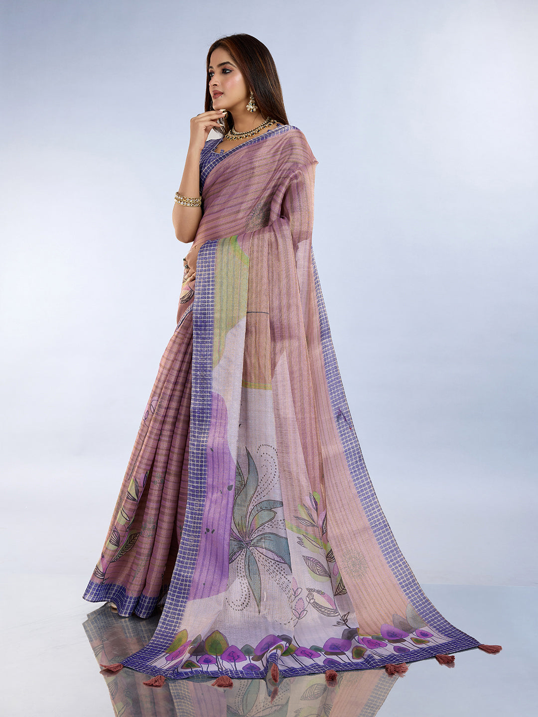 Lavender Linen Cotton Saree with Tassel Pallu