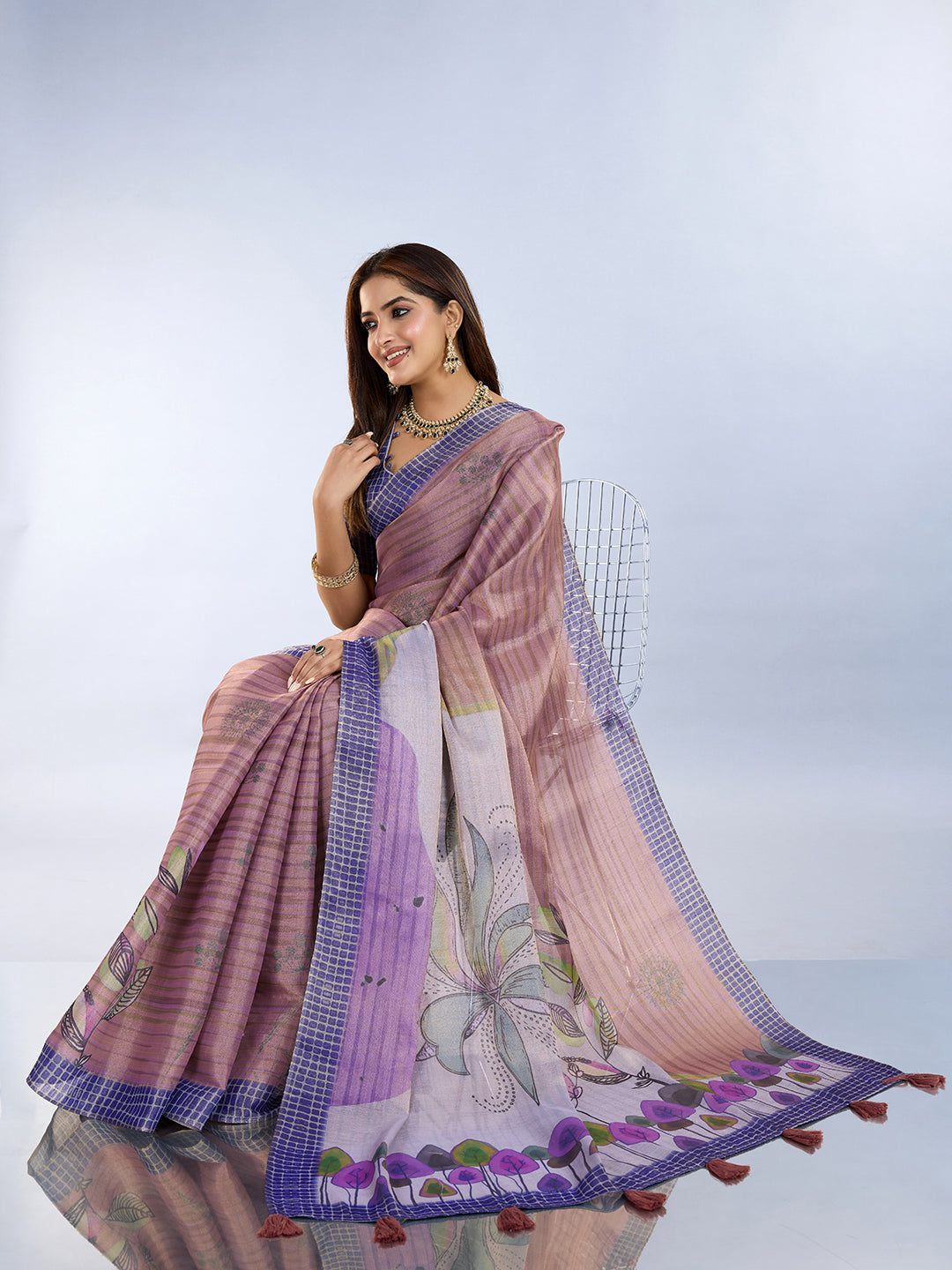 Lavender Printed Linen Cotton Saree with Unstitched Blouse
