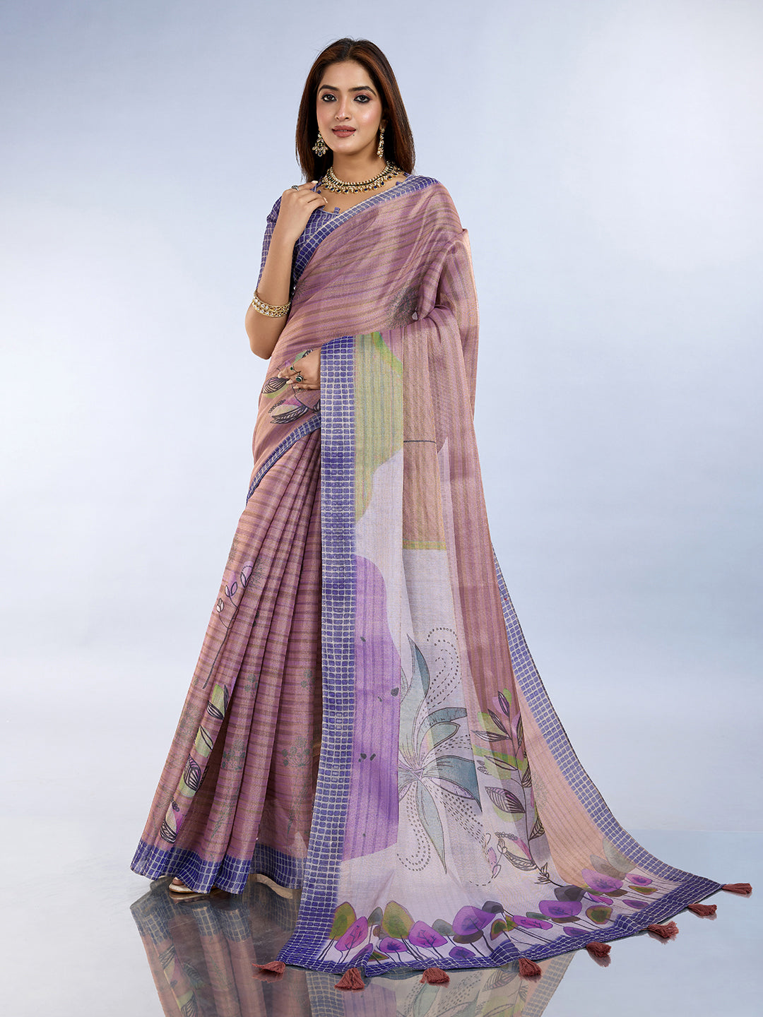 Lavender Linen Cotton Saree with Tassel Pallu