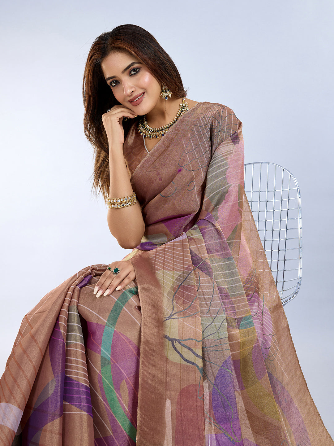 Lavender Printed Linen Cotton Saree with Unstitched Blouse