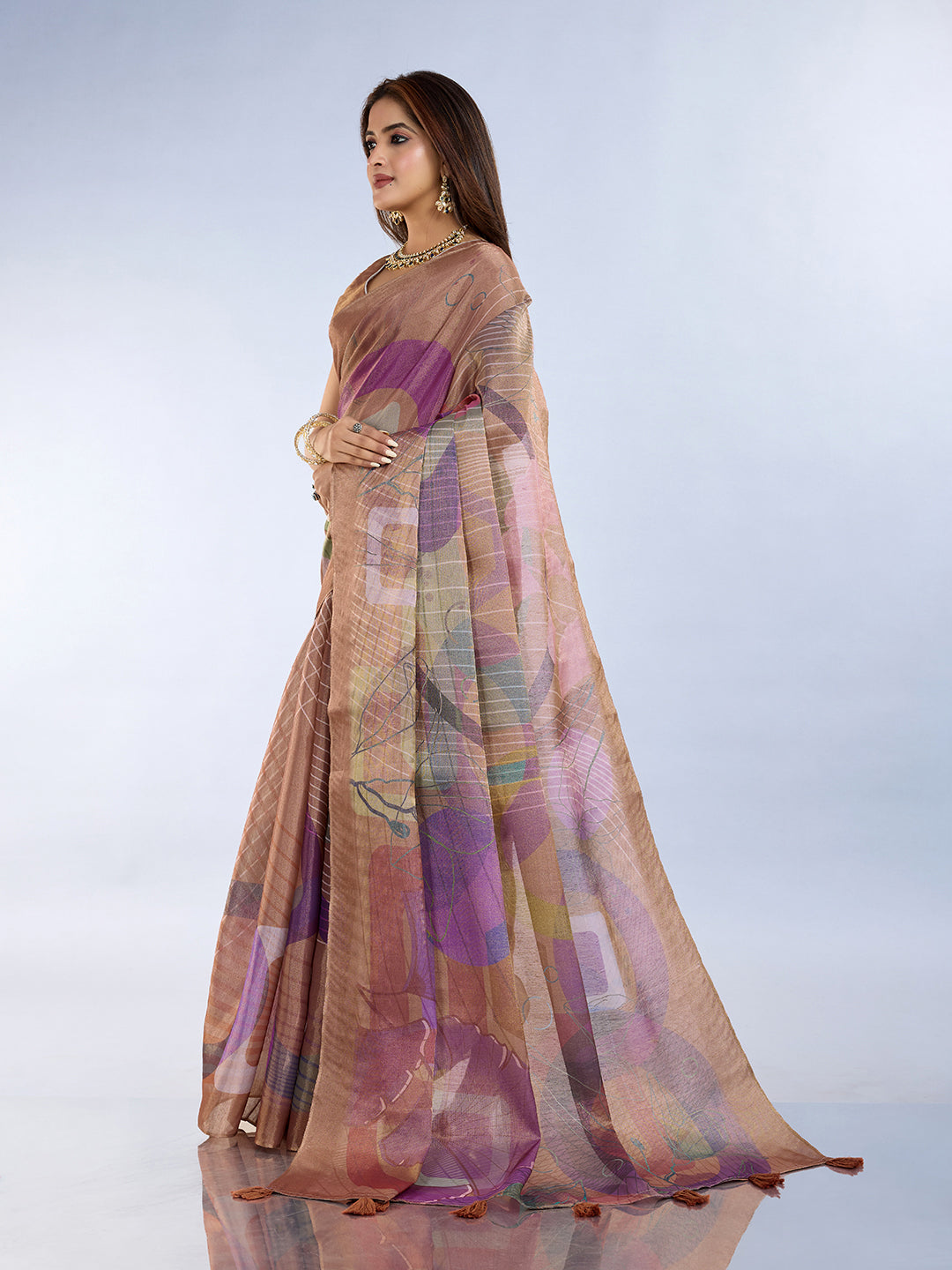 Lavender Printed Linen Cotton Saree with Unstitched Blouse