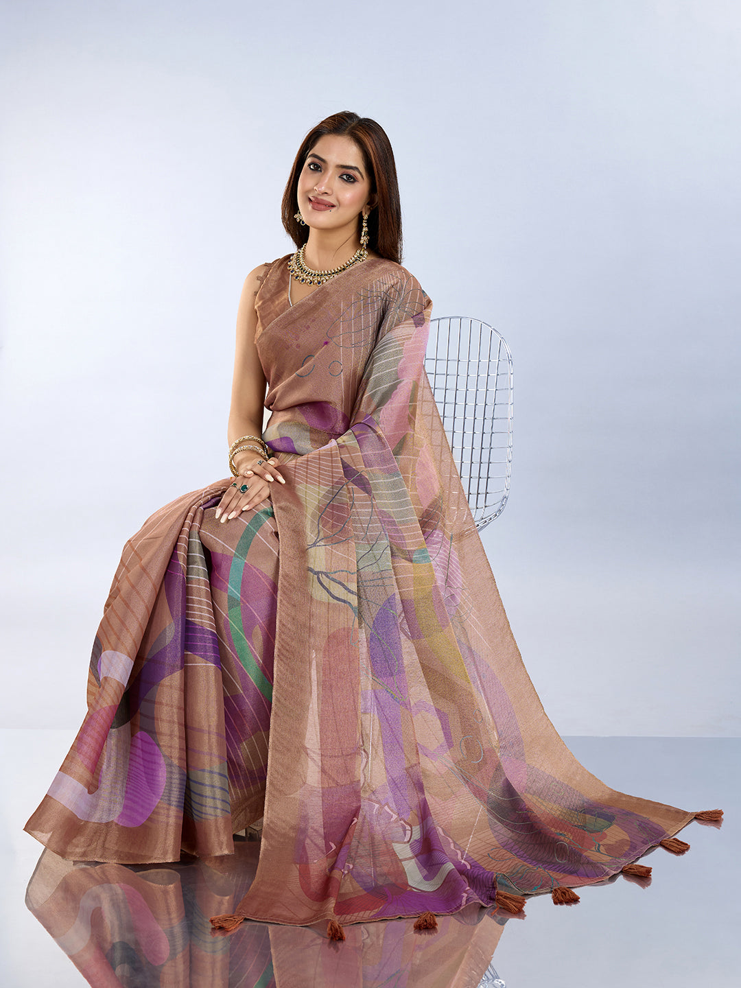 Lavender Printed Linen Cotton Saree with Unstitched Blouse