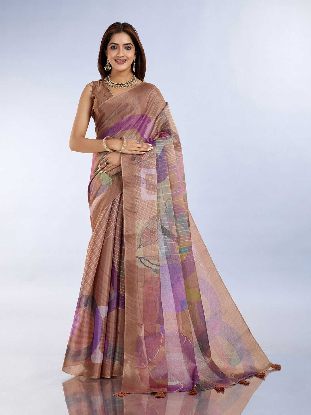 Lavender Printed Linen Cotton Saree with Unstitched Blouse