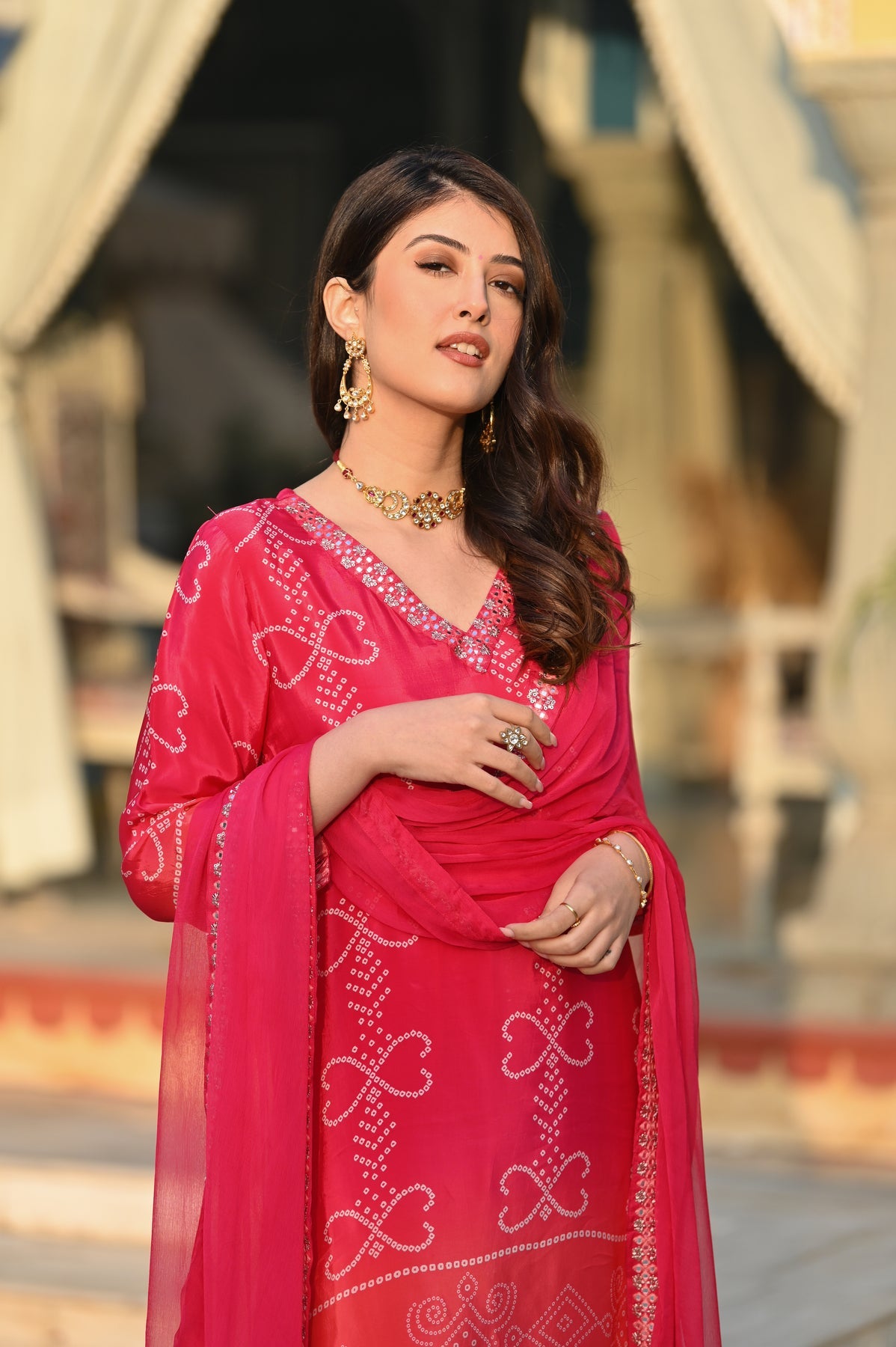 Pink Chinnon Silk Printed Kurta Pant Set with Nazmeen Dupatta | Women's Designer Festive Wear Suit
