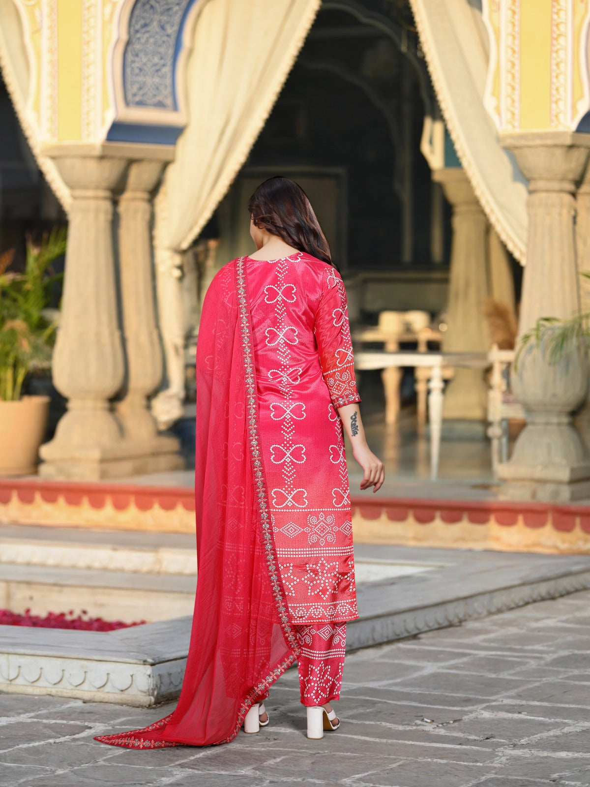 Pink Chinnon Silk Printed Kurta Pant Set with Nazmeen Dupatta | Women's Designer Festive Wear Suit