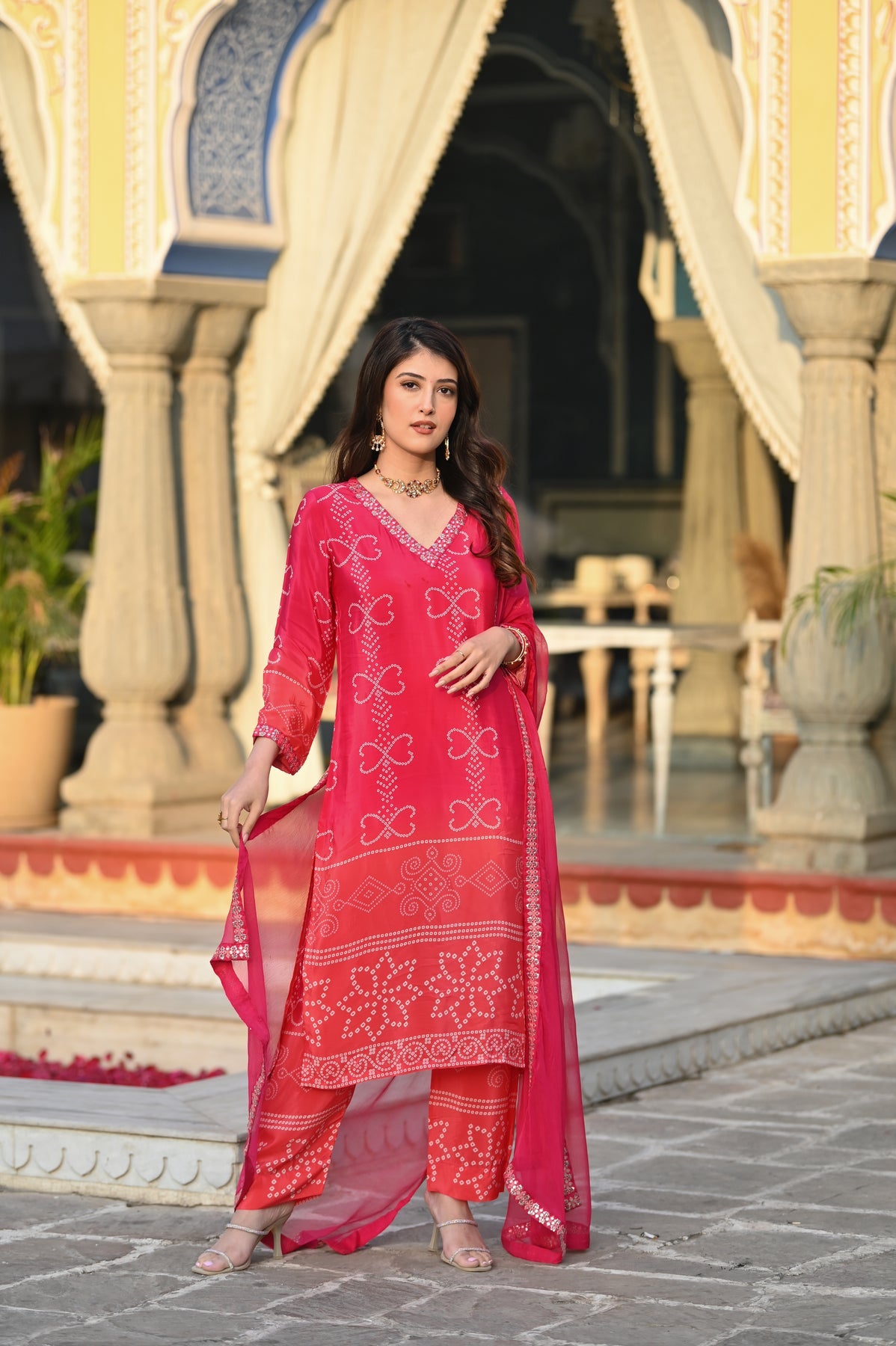 Pink Chinnon Silk Printed Kurta Pant Set with Nazmeen Dupatta | Women's Designer Festive Wear Suit