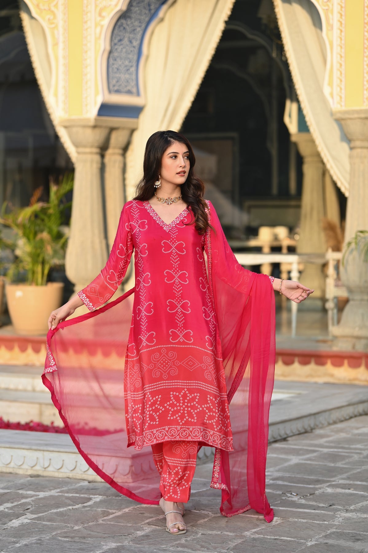 Pink Chinnon Silk Printed Kurta Pant Set with Nazmeen Dupatta | Women's Designer Festive Wear Suit