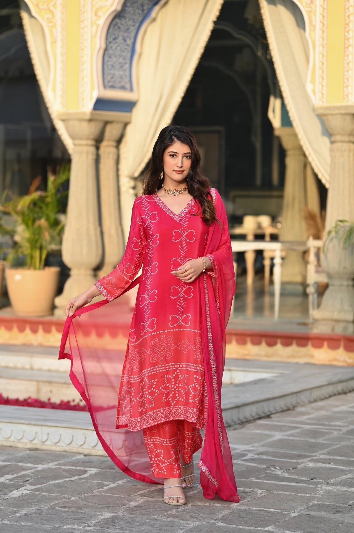 Pink Chinnon Silk Printed Kurta Pant Set with Nazmeen Dupatta | Women's Designer Festive Wear Suit