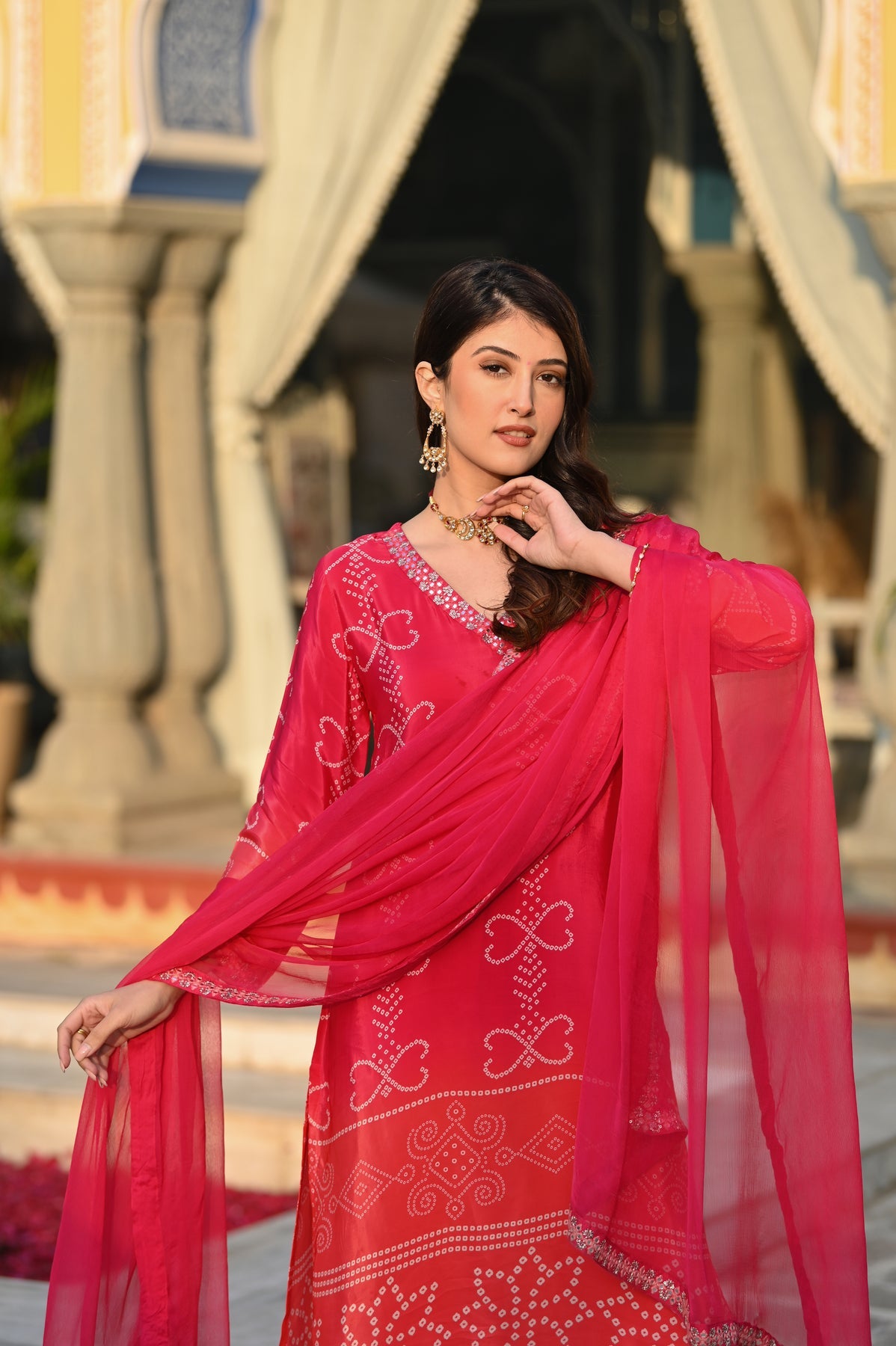 Pink Chinnon Silk Printed Kurta Pant Set with Nazmeen Dupatta | Women's Designer Festive Wear Suit