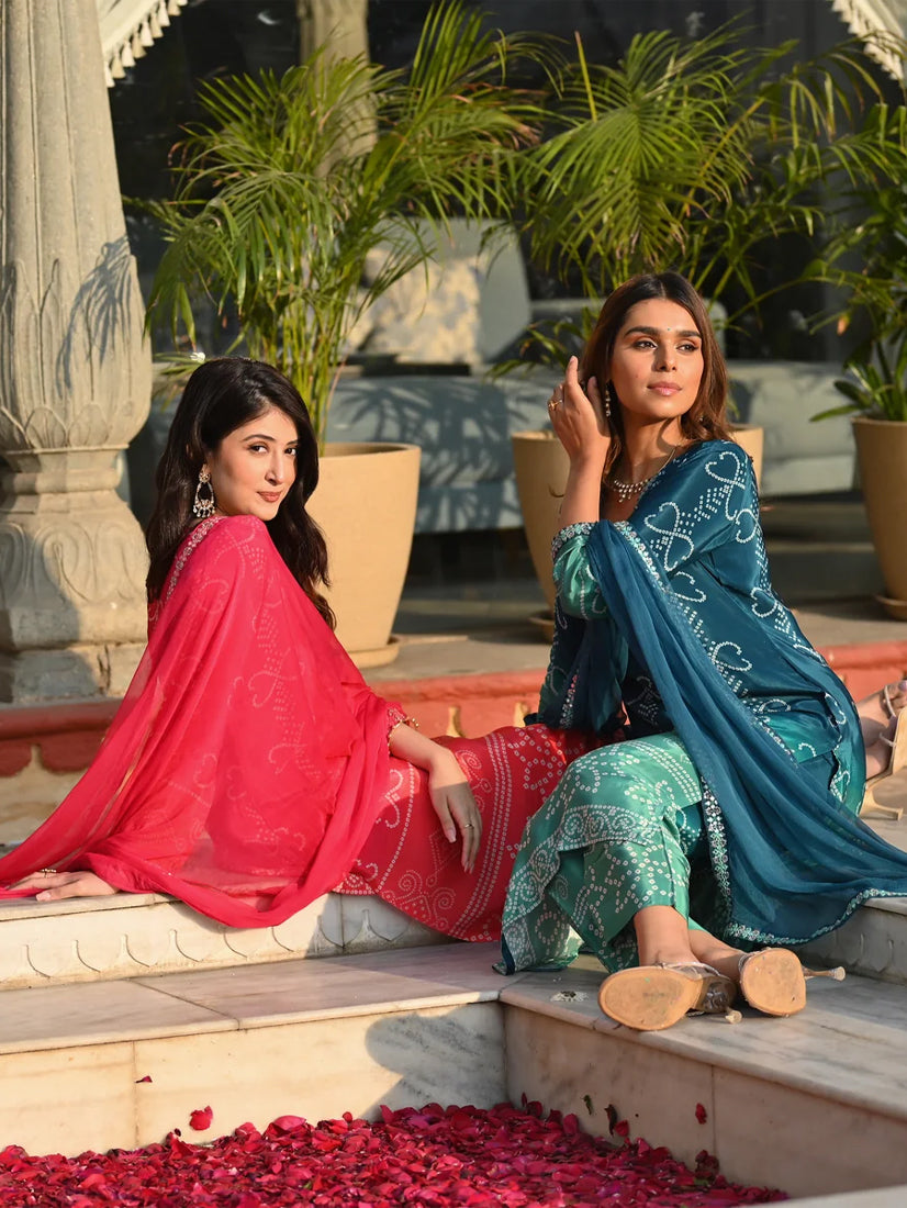 Pink Chinnon Silk Printed Kurta Pant Set with Nazmeen Dupatta | Women's Designer Festive Wear Suit