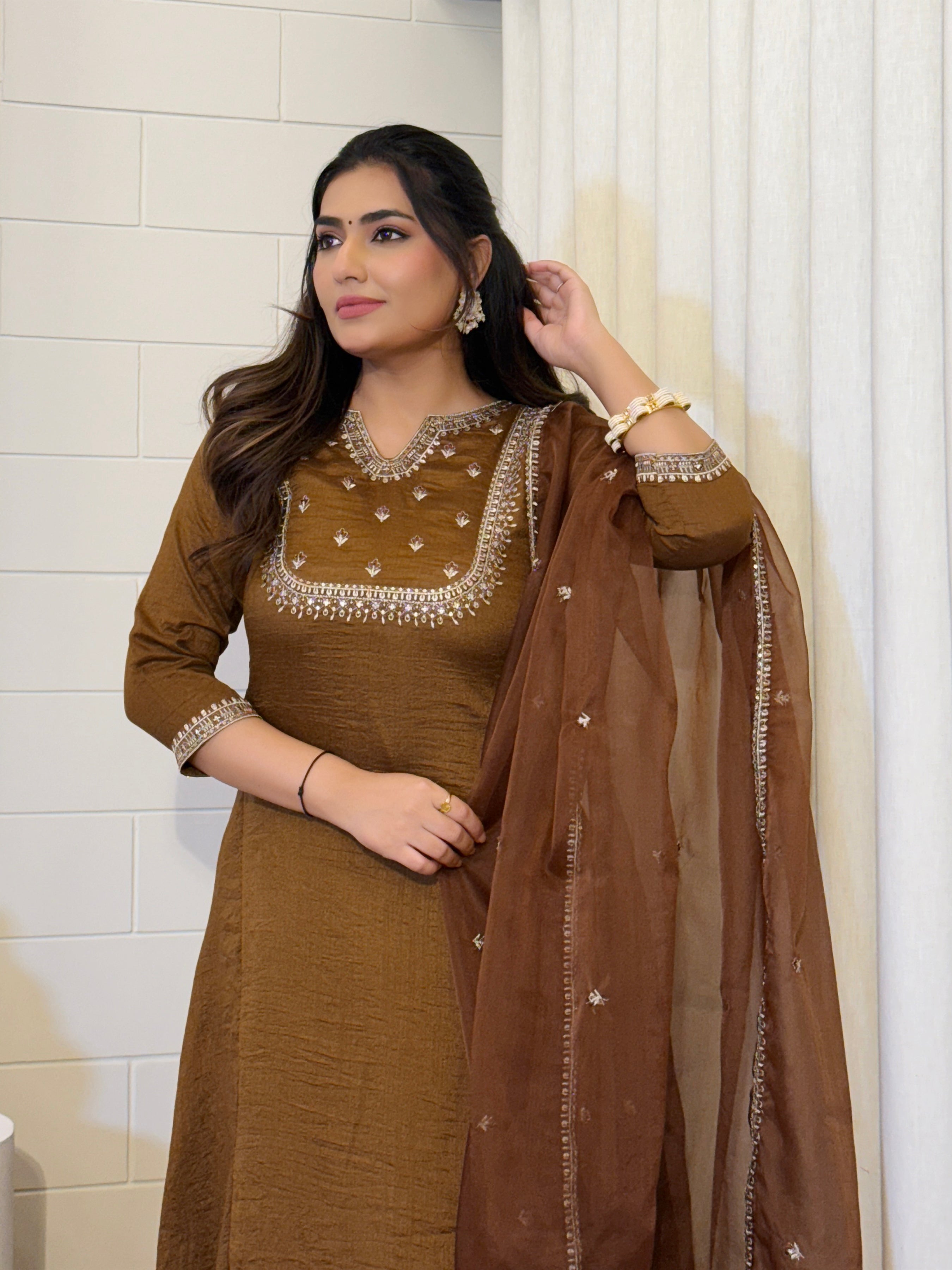 Brown Embroidered Kurti Pant Dupatta Set | Designer Ethnic Suit with Organza Dupatta | Premium Party & Festive Wear
