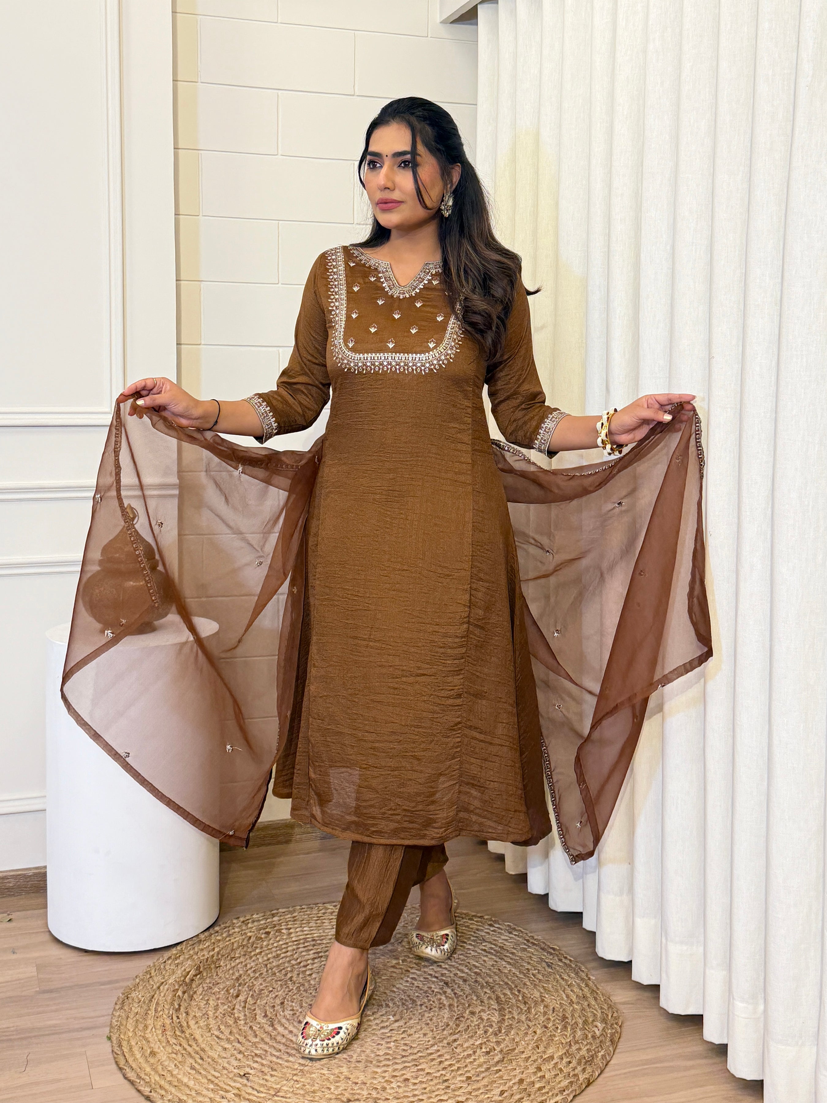 Brown Embroidered Kurti Pant Dupatta Set | Designer Ethnic Suit with Organza Dupatta | Premium Party & Festive Wear