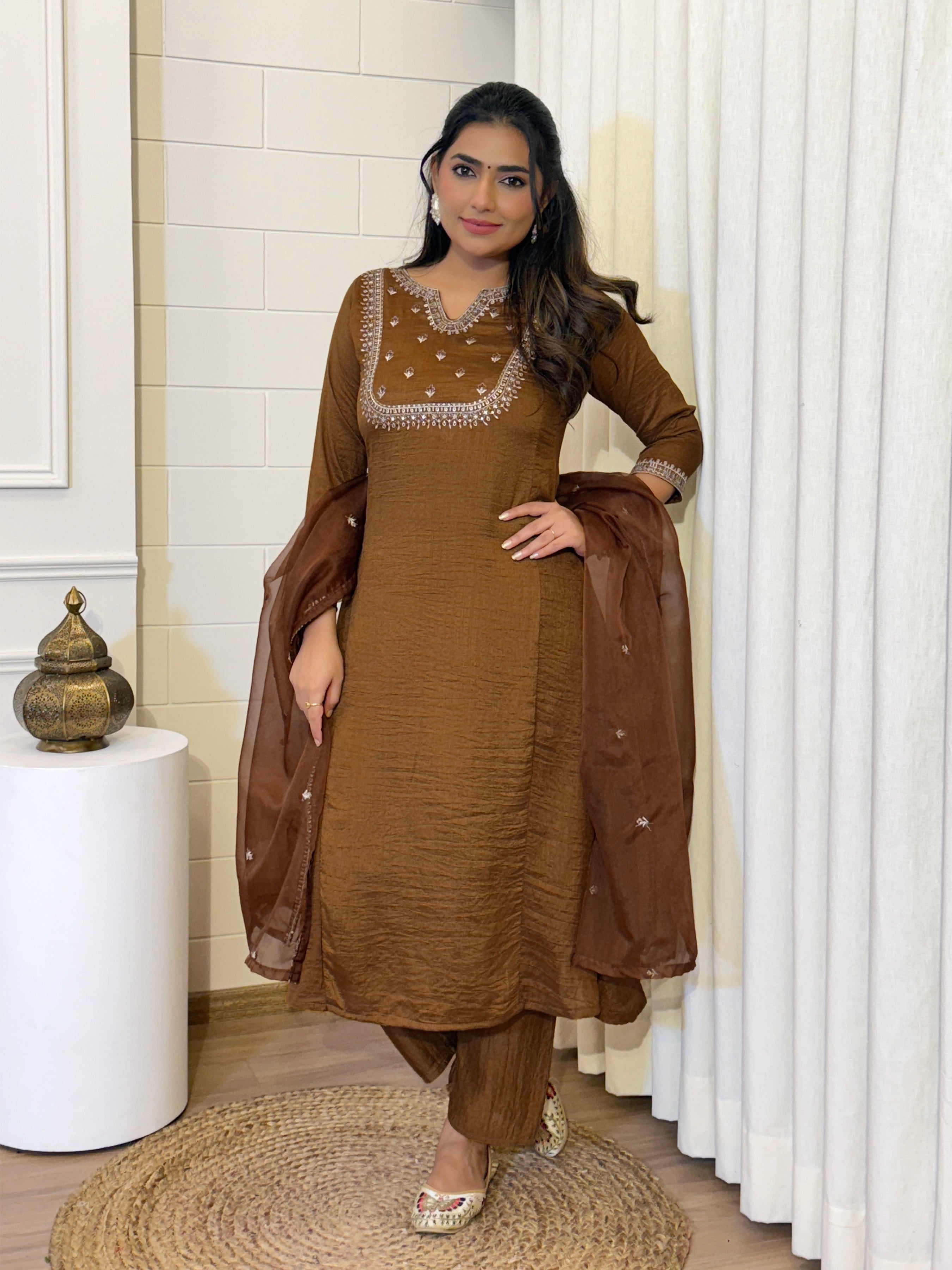 Brown Embroidered Kurti Pant Dupatta Set | Designer Ethnic Suit with Organza Dupatta | Premium Party & Festive Wear