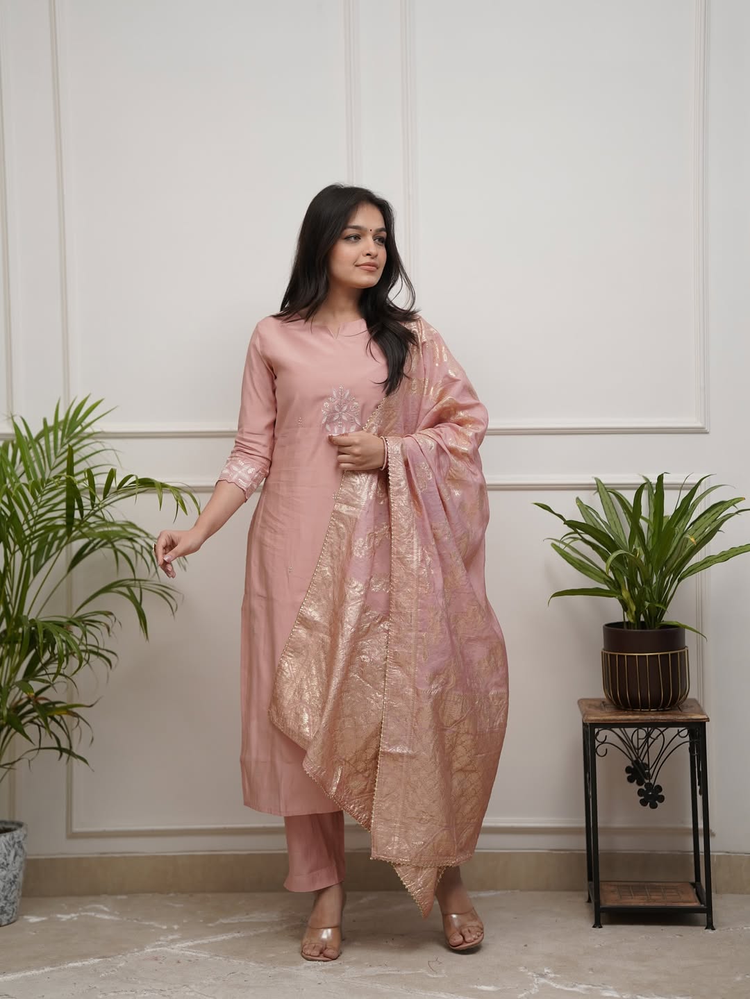 Premium PV Chanderi Straight Kurti Pant Set with Cotton Jacquard Dupatta for Women | Elegant Ethnic Wear