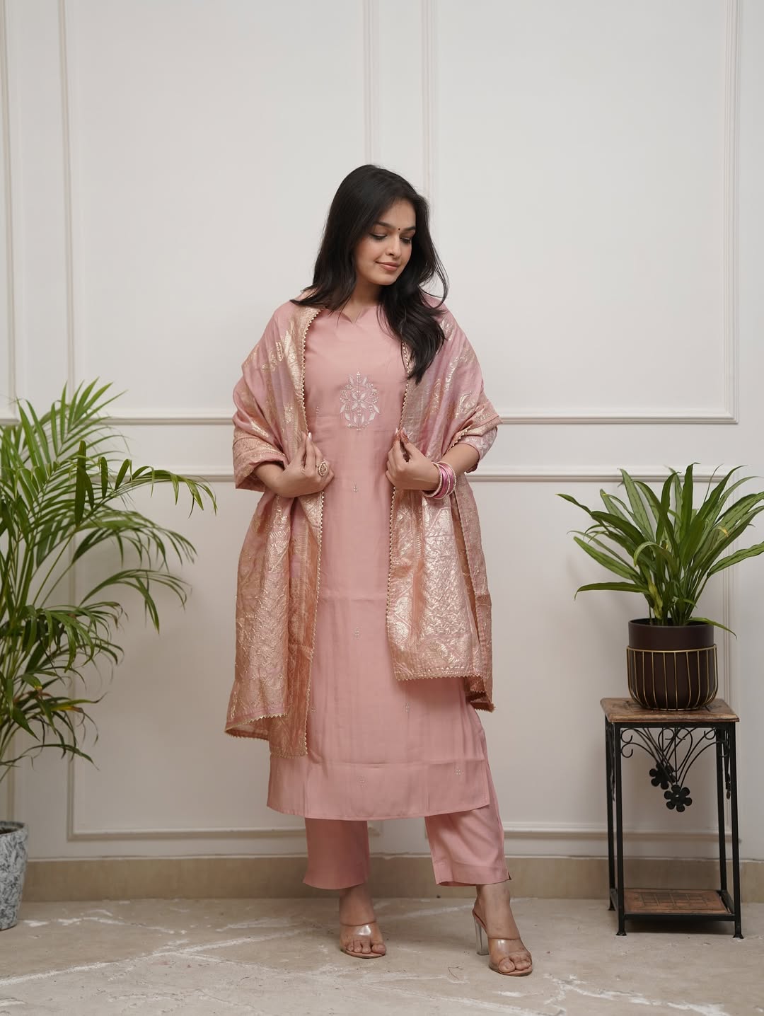 Premium PV Chanderi Straight Kurti Pant Set with Cotton Jacquard Dupatta for Women | Elegant Ethnic Wear