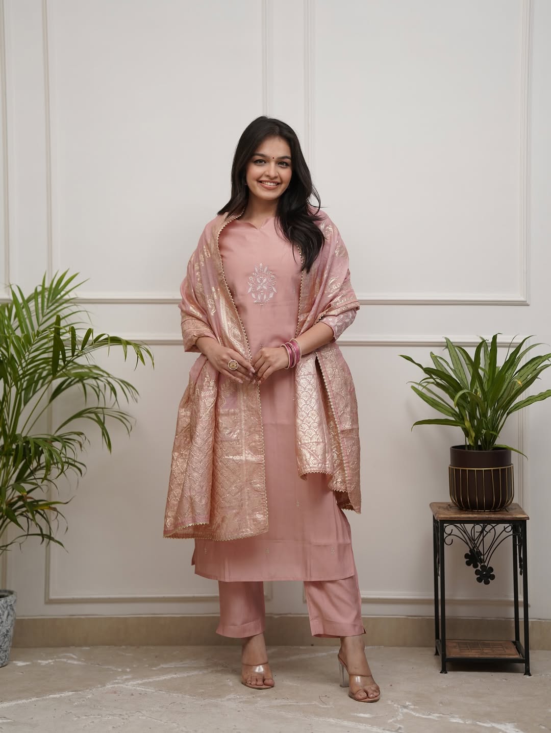 Premium PV Chanderi Straight Kurti Pant Set with Cotton Jacquard Dupatta for Women | Elegant Ethnic Wear