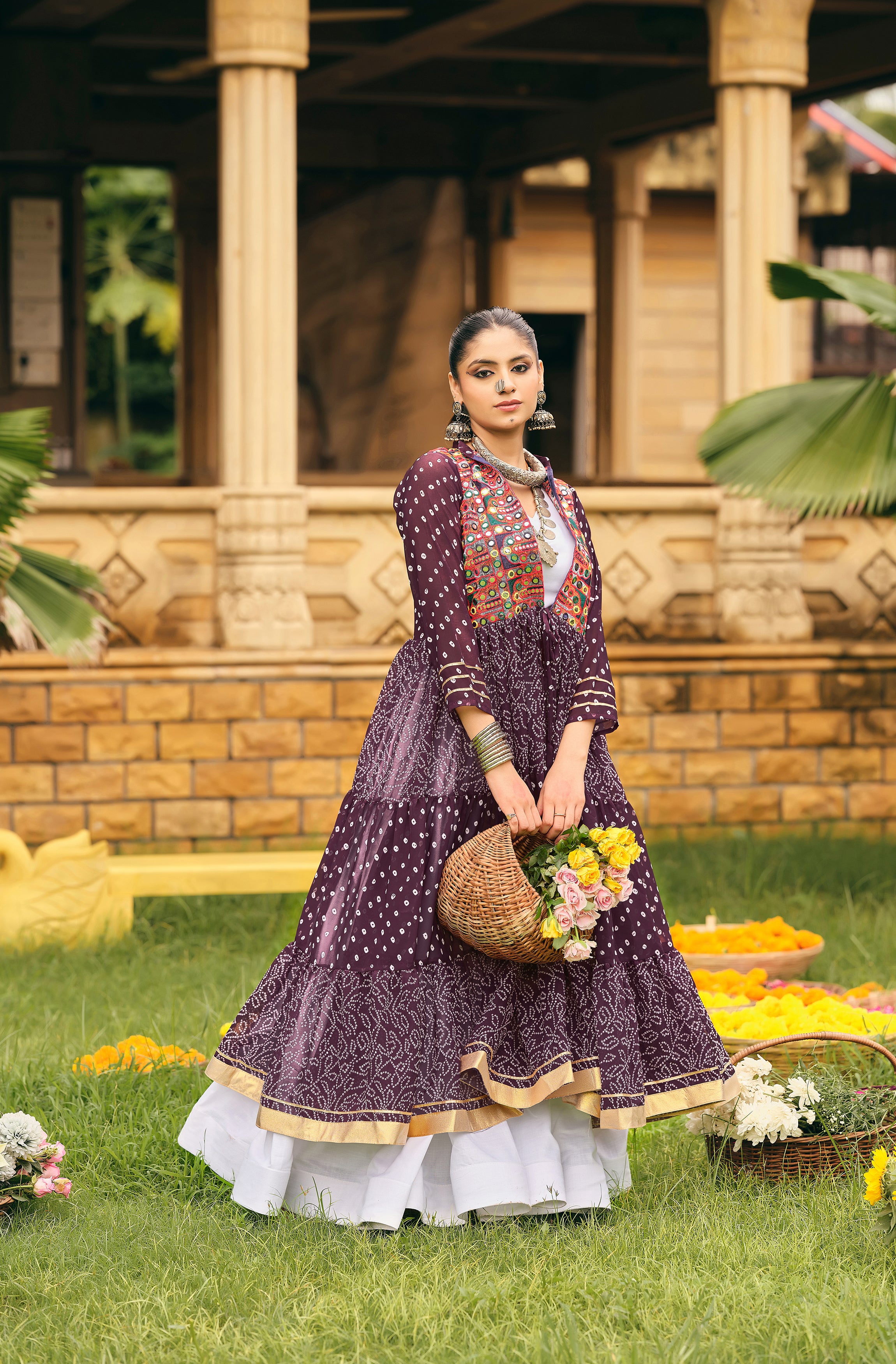 Navratri Shrug Lehenga Set with Blouse | Faux Georgette Bandhani Print & Embroidered Cotton Lehenga