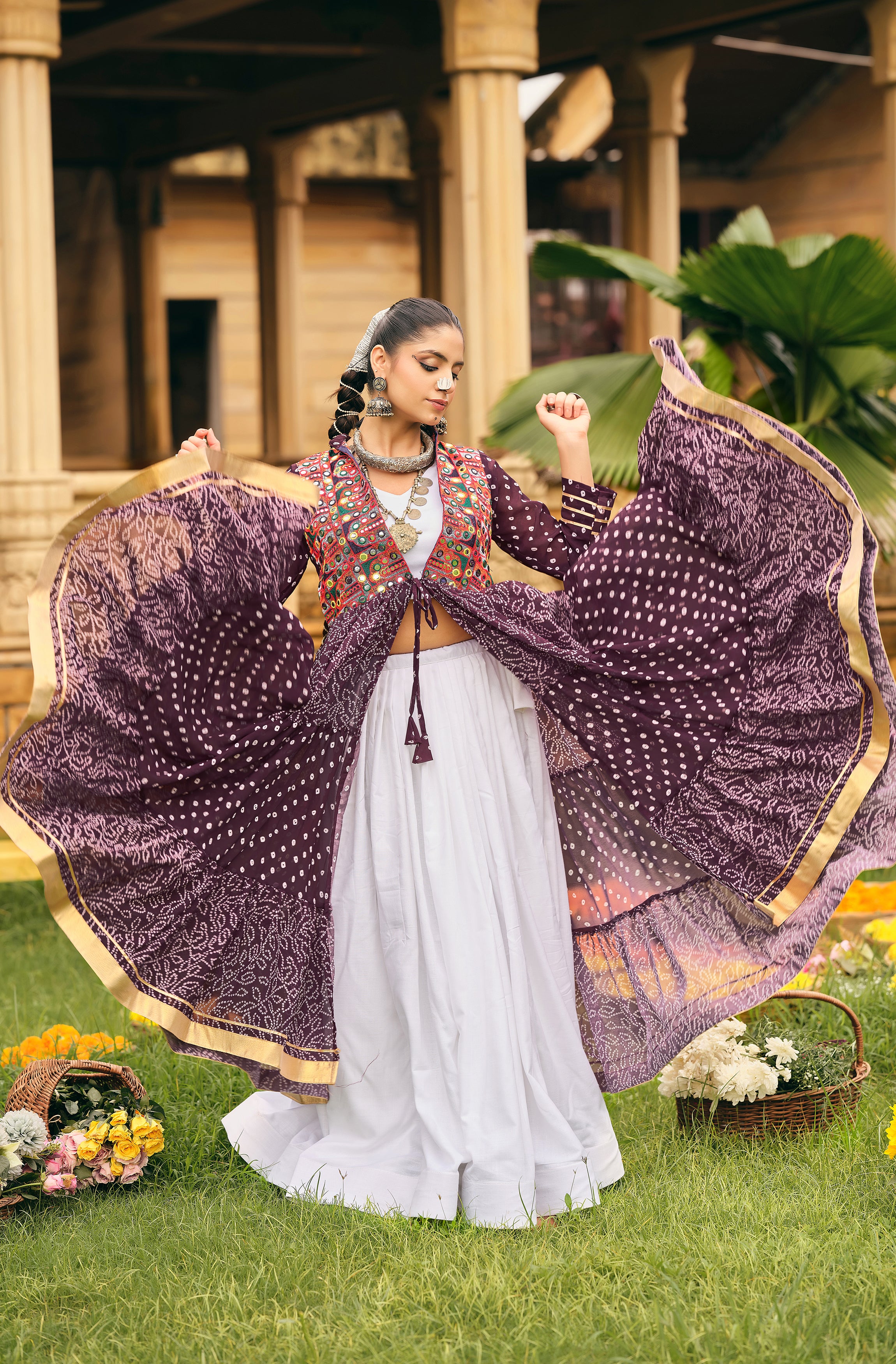 Navratri Shrug Lehenga Set with Blouse | Faux Georgette Bandhani Print & Embroidered Cotton Lehenga