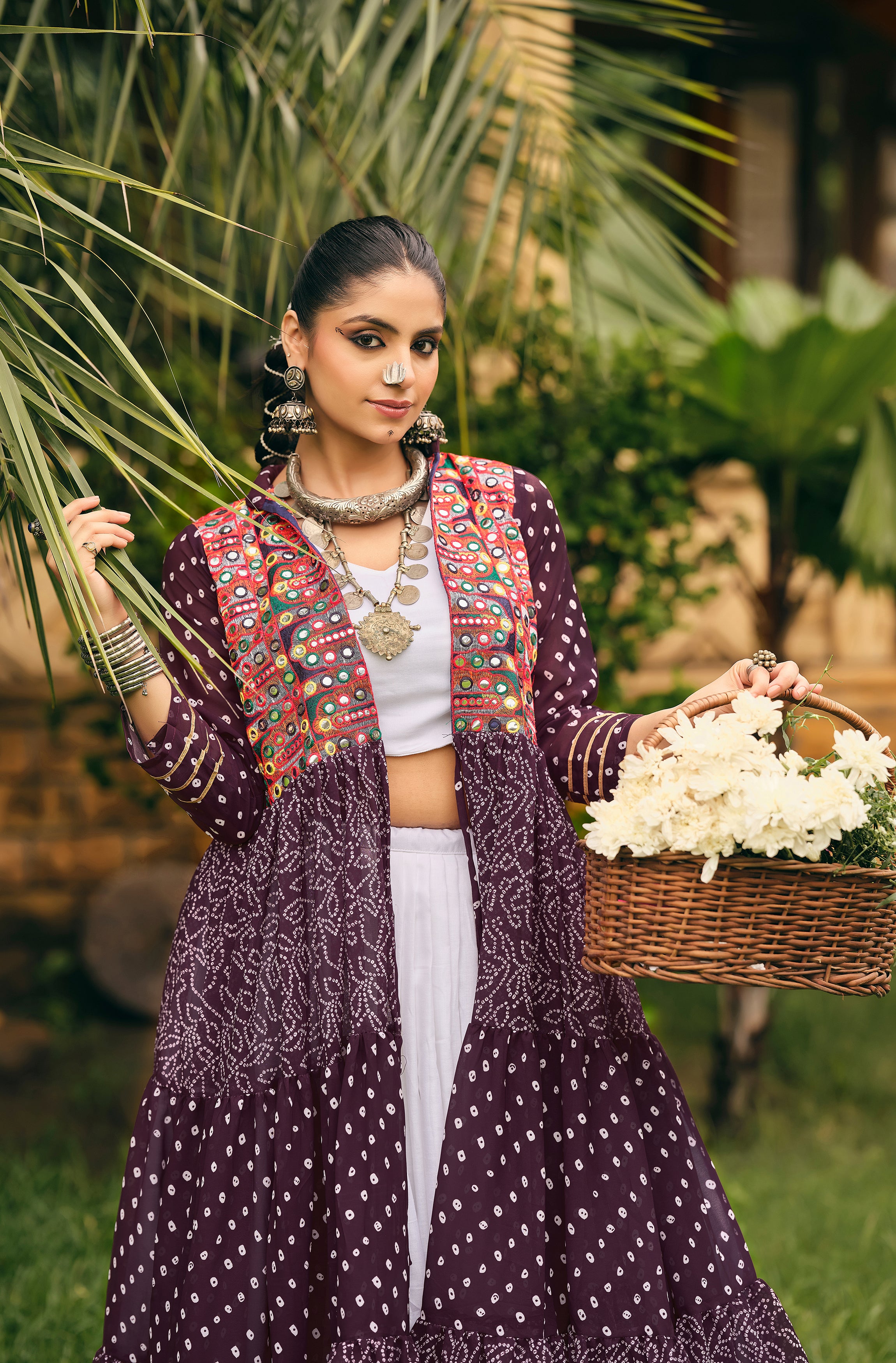 Navratri Shrug Lehenga Set with Blouse | Faux Georgette Bandhani Print & Embroidered Cotton Lehenga