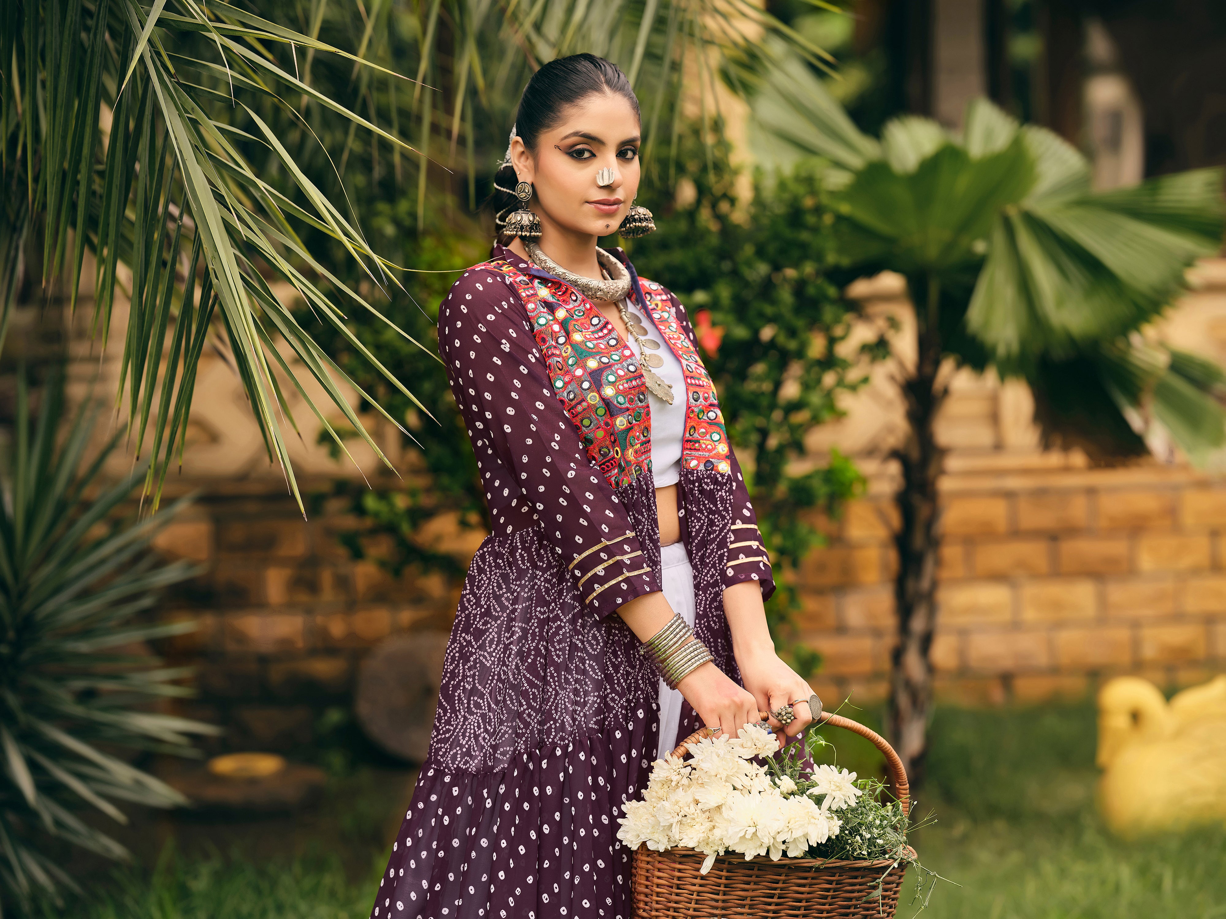 Navratri Shrug Lehenga Set with Blouse | Faux Georgette Bandhani Print & Embroidered Cotton Lehenga