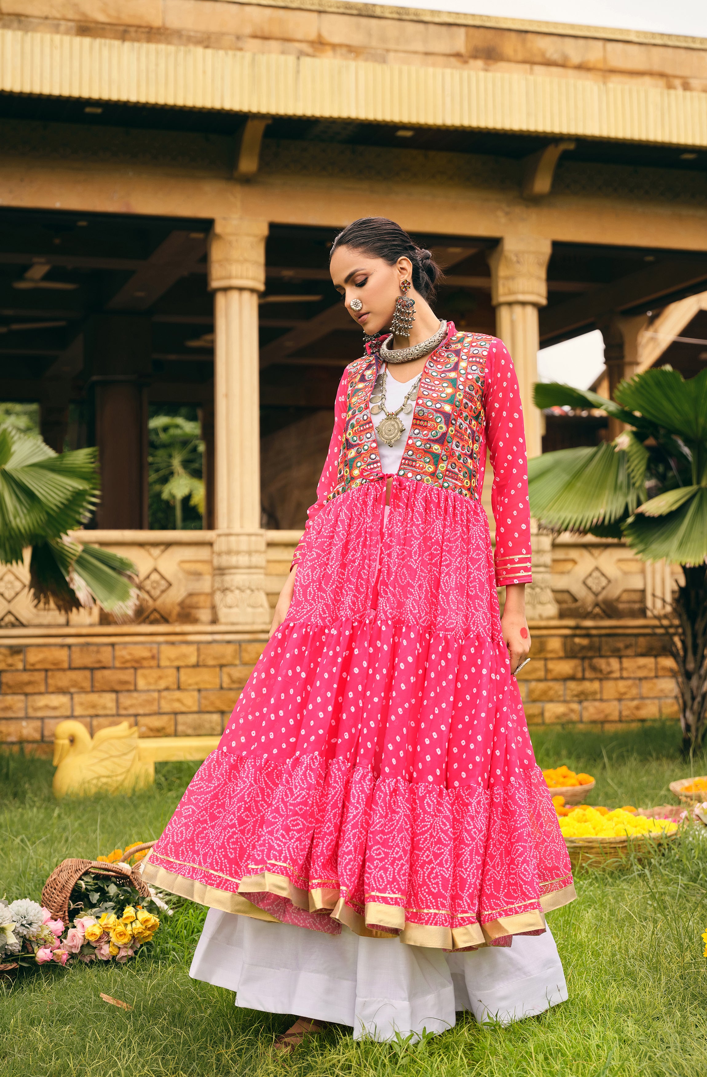 Navratri Shrug Lehenga Set with Blouse | Faux Georgette Bandhani Print & Embroidered Cotton Lehenga
