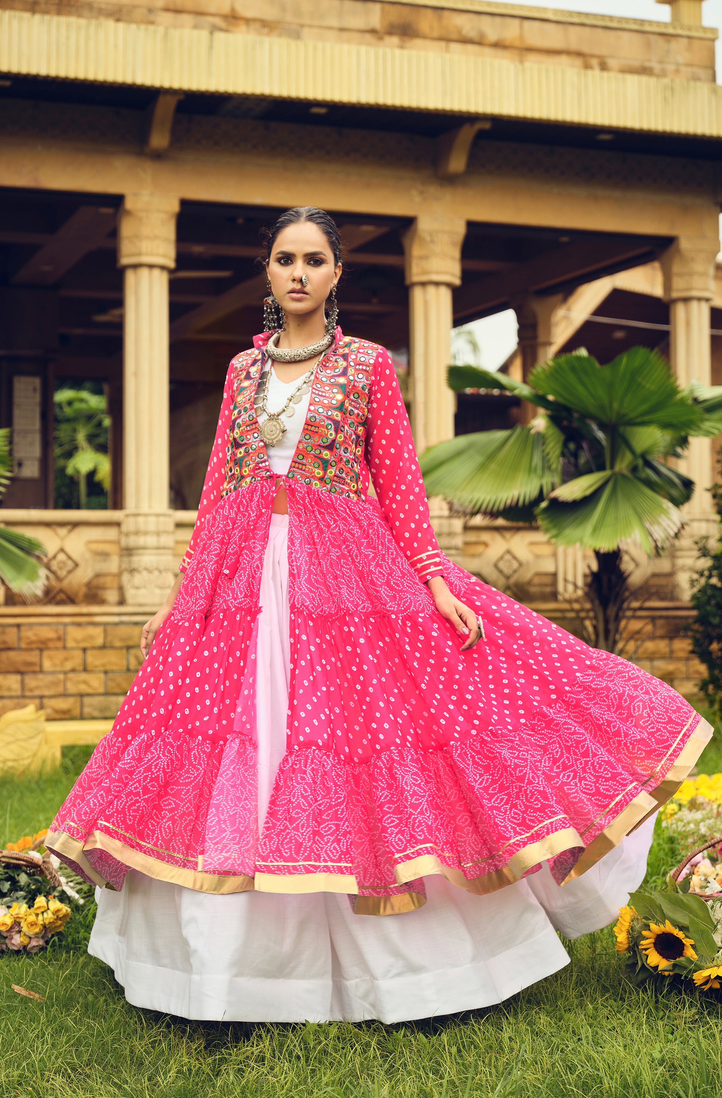 Navratri Shrug Lehenga Set with Blouse | Faux Georgette Bandhani Print & Embroidered Cotton Lehenga