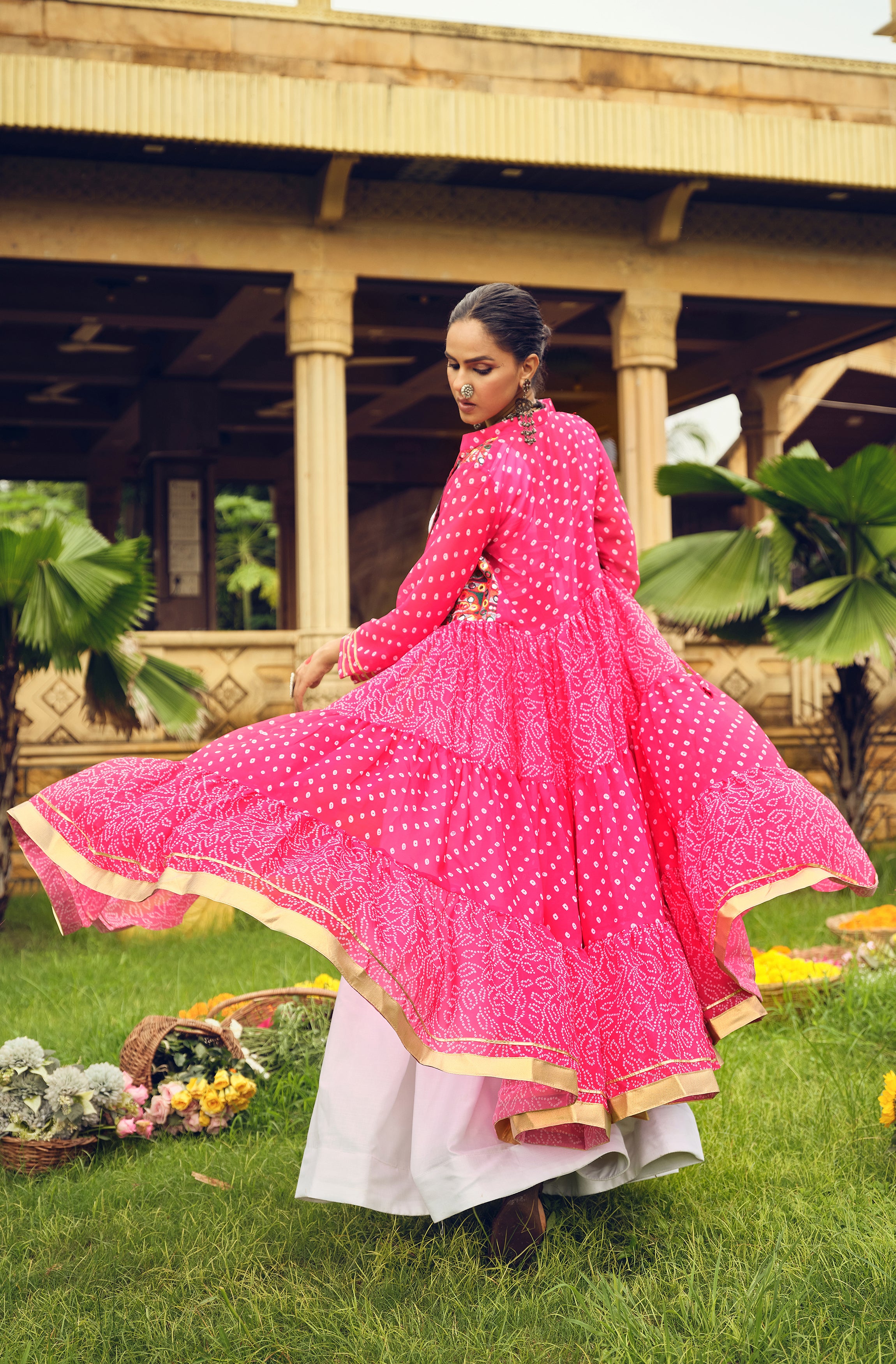 Navratri Shrug Lehenga Set with Blouse | Faux Georgette Bandhani Print & Embroidered Cotton Lehenga