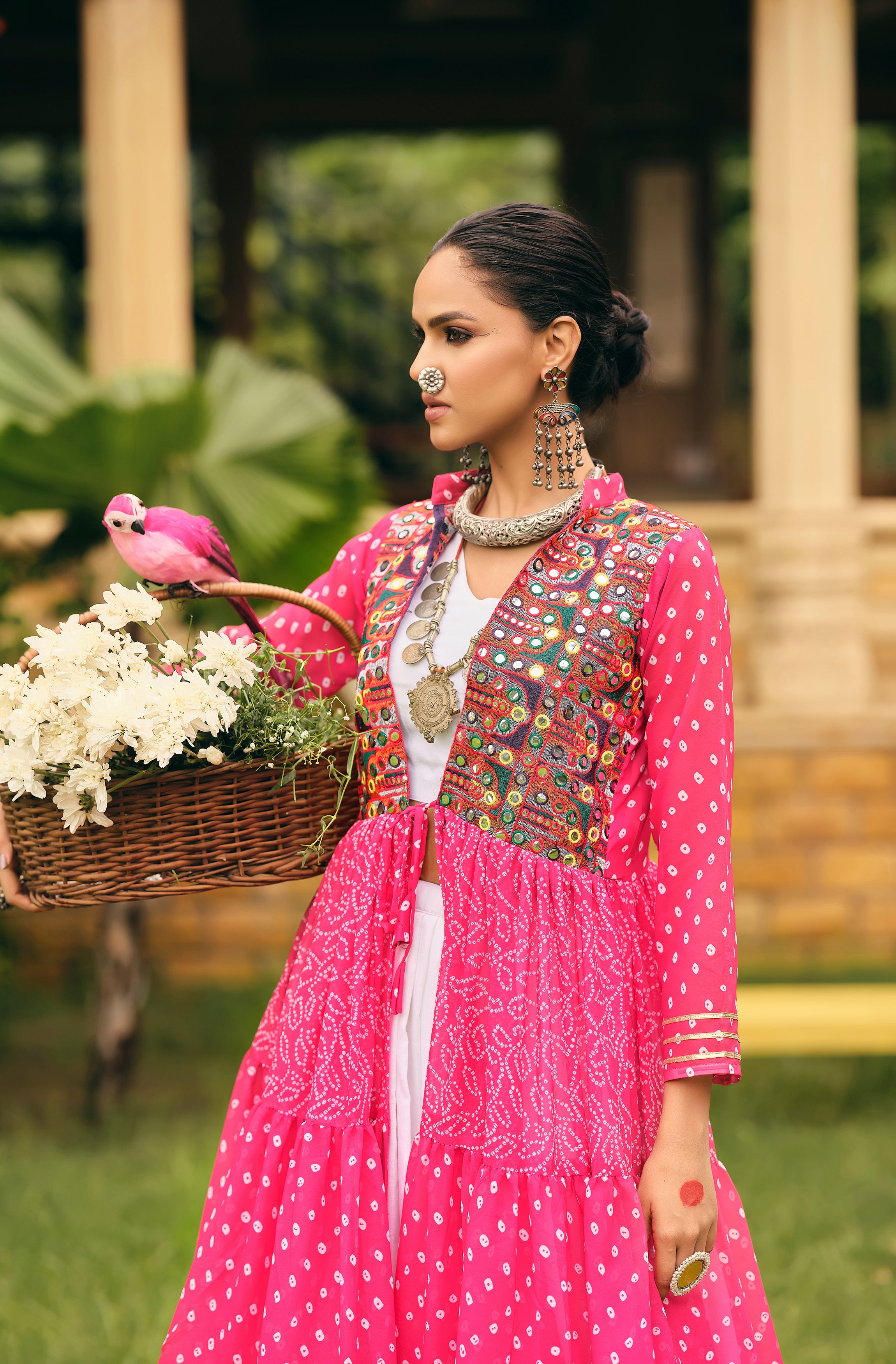 Navratri Shrug Lehenga Set with Blouse | Faux Georgette Bandhani Print & Embroidered Cotton Lehenga