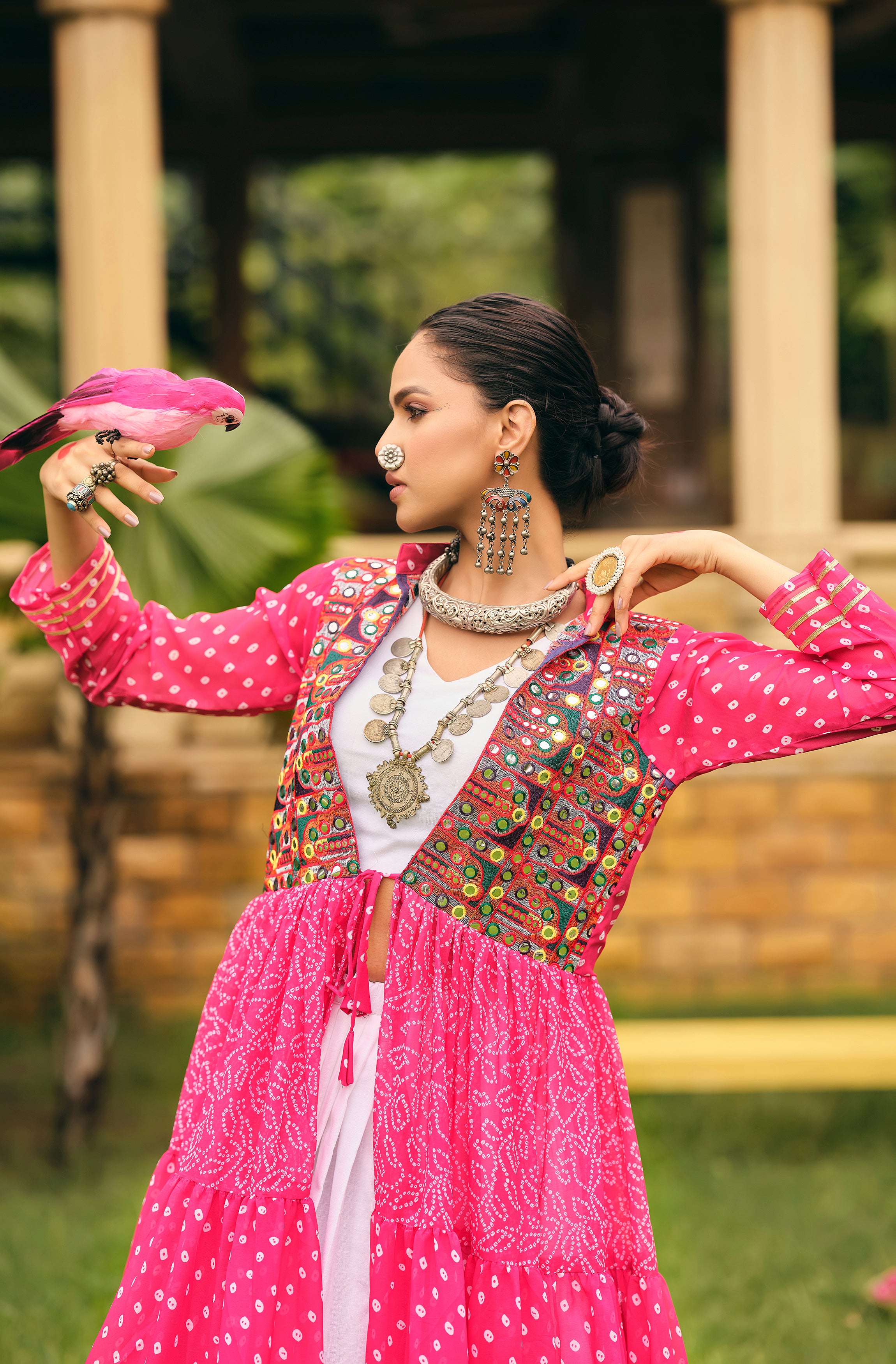 Navratri Shrug Lehenga Set with Blouse | Faux Georgette Bandhani Print & Embroidered Cotton Lehenga