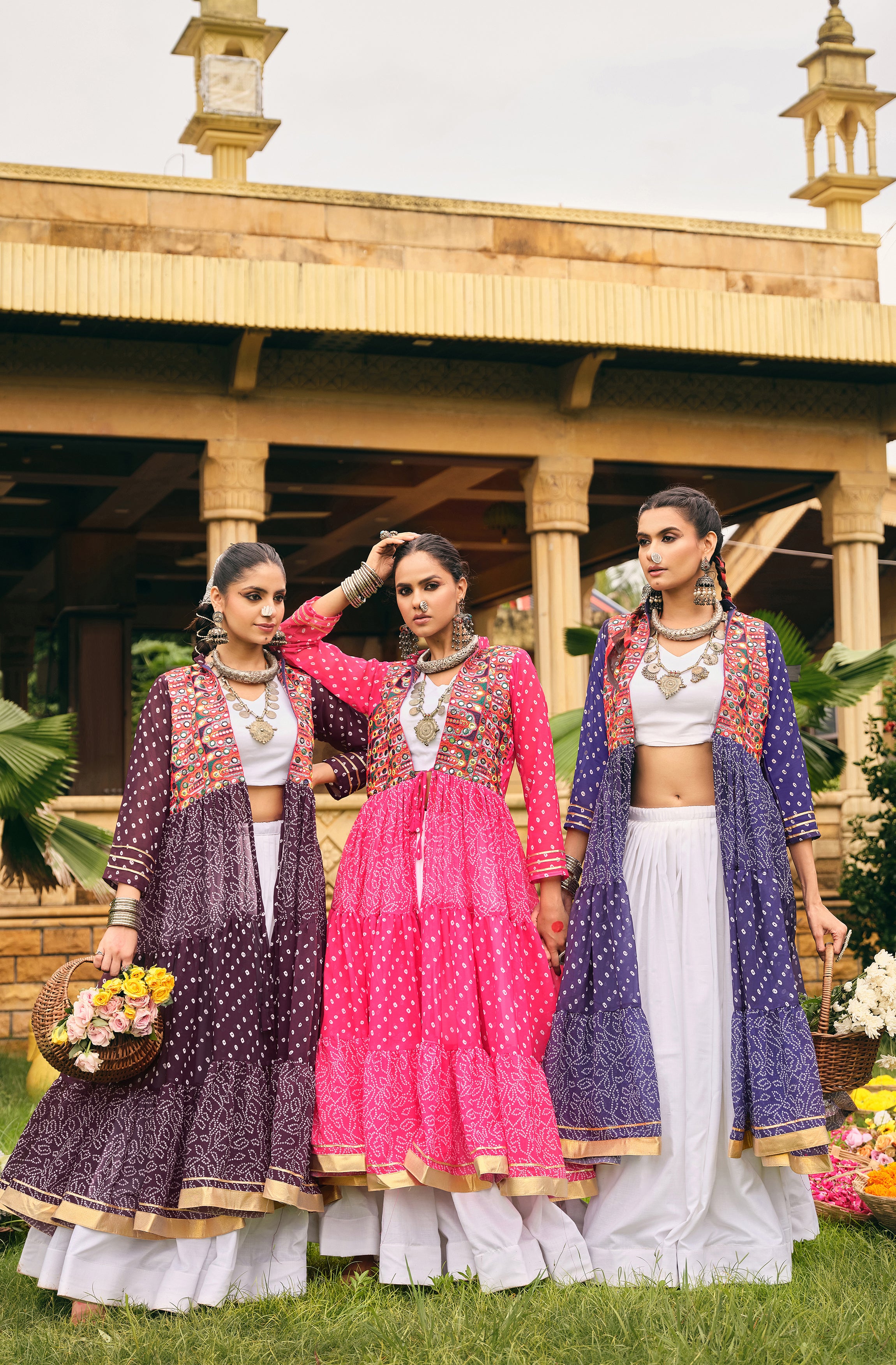 Navratri Shrug Lehenga Set with Blouse | Faux Georgette Bandhani Print & Embroidered Cotton Lehenga