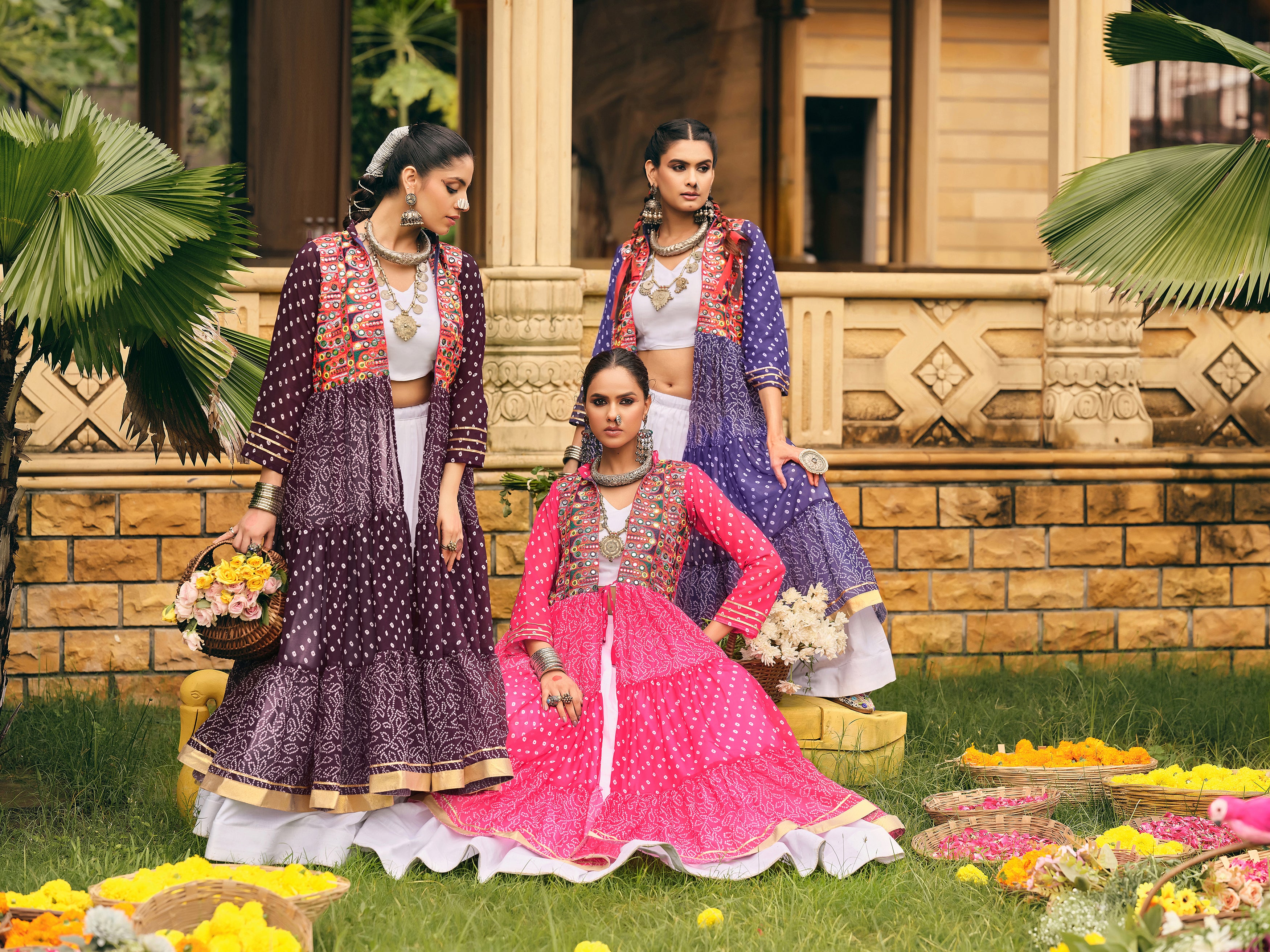 Navratri Shrug Lehenga Set with Blouse | Faux Georgette Bandhani Print & Embroidered Cotton Lehenga